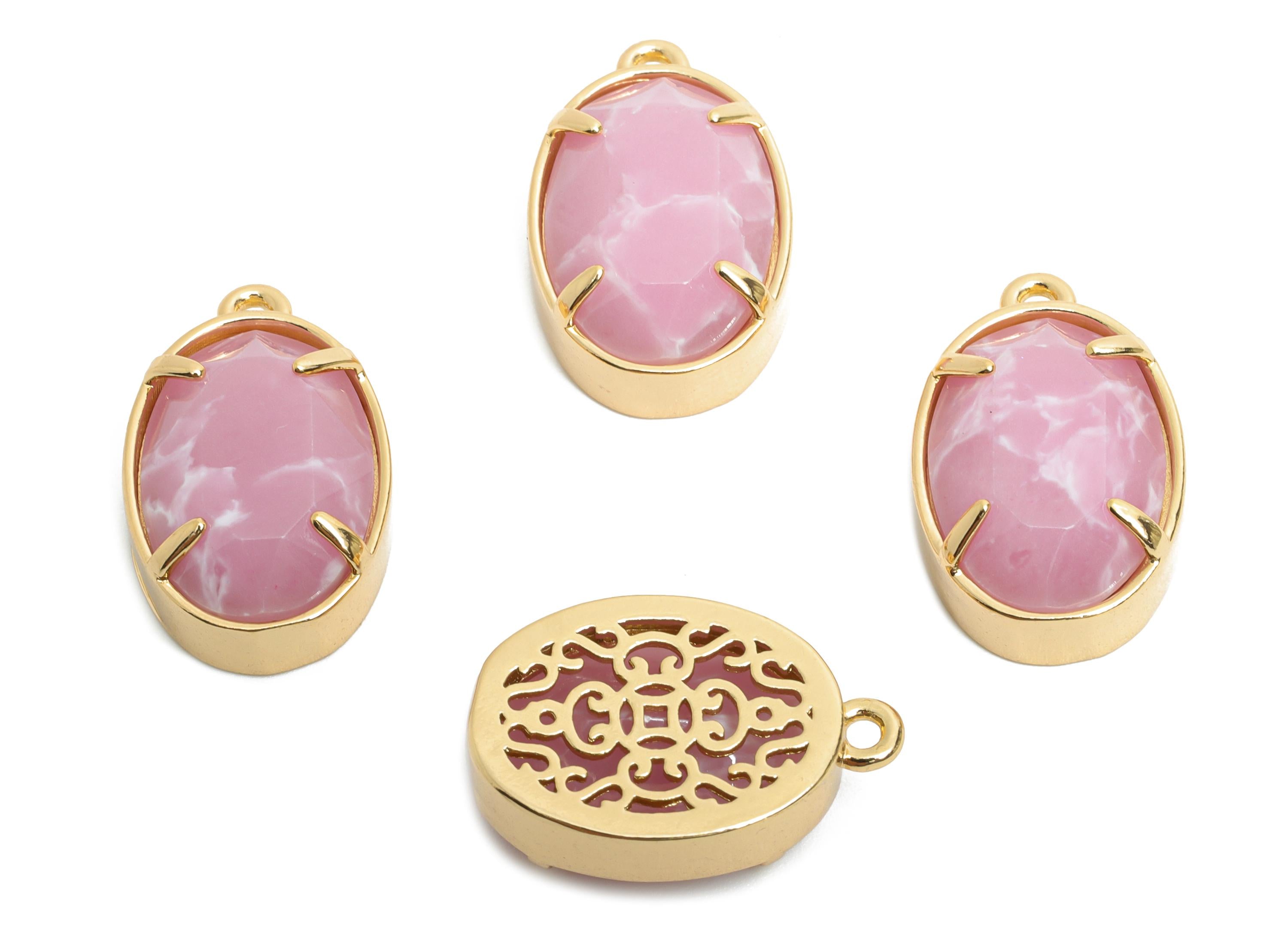 Pink Oval Glass Pendant - Faceted Glass Pendant for Necklace - Elegant Crystal Jewelry - KC Gold Tone Plated Brass - 18.2x11.7x6mm - GS1309 - DOMEDBAZAAR