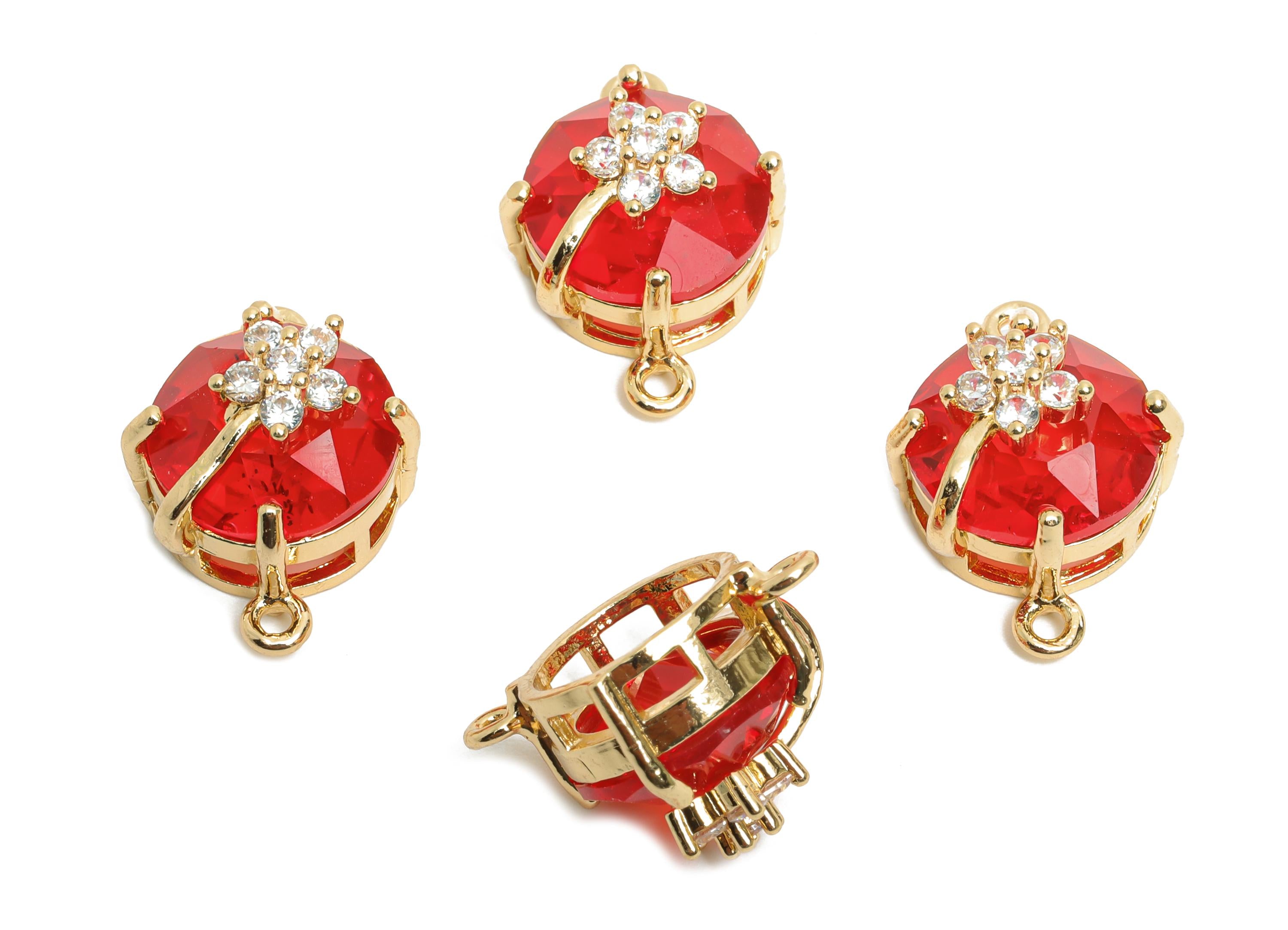 Round Crystal Bracelet Connector - Brass Sparkling Necklace Charm - Red Faceted Crystal Flower Charm - KC Gold Plated - 20x13x12mm -GS1286 - DOMEDBAZAAR