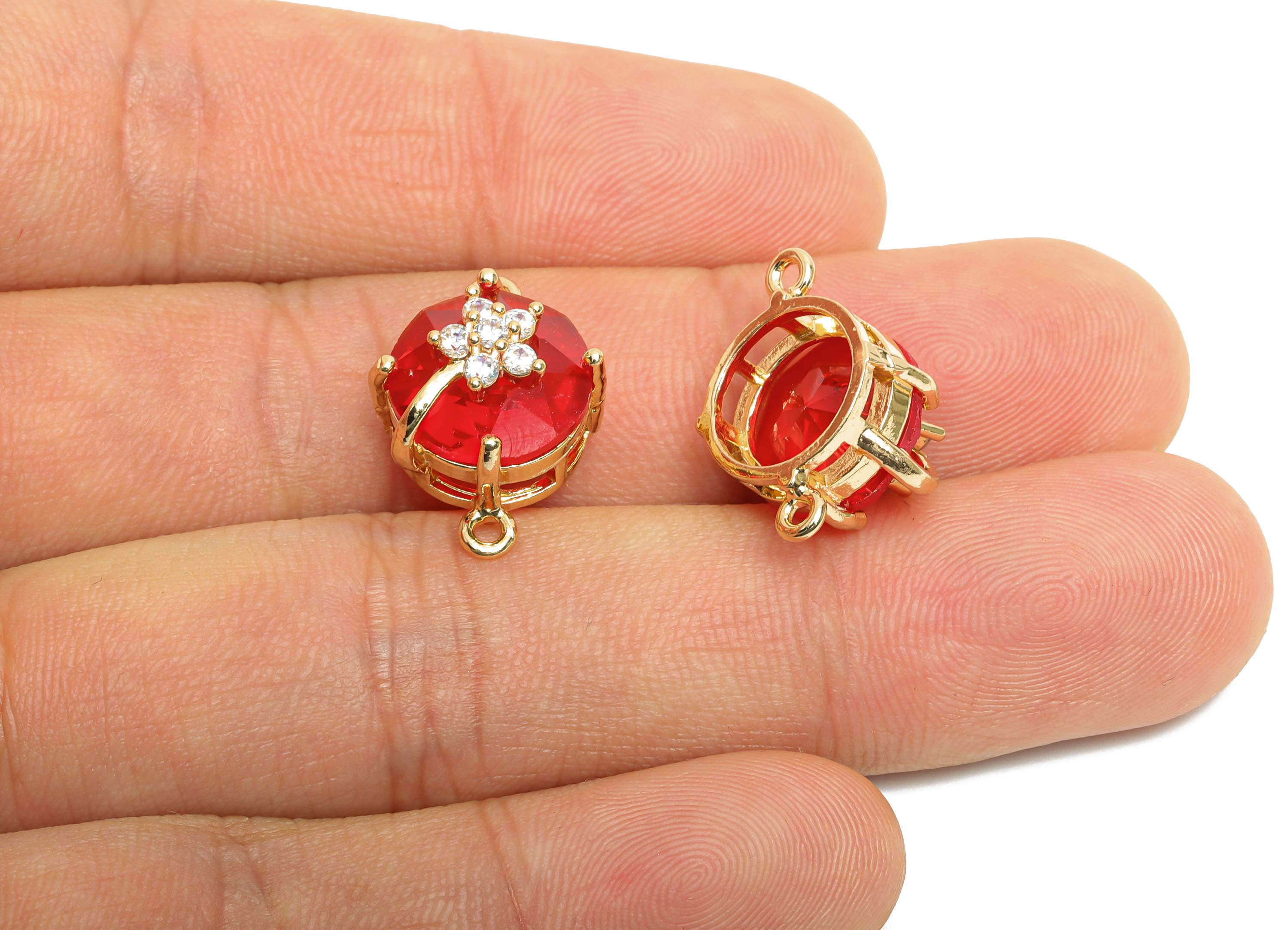 Round Crystal Bracelet Connector - Brass Sparkling Necklace Charm - Red Faceted Crystal Flower Charm - KC Gold Plated - 20x13x12mm -GS1286 - DOMEDBAZAAR