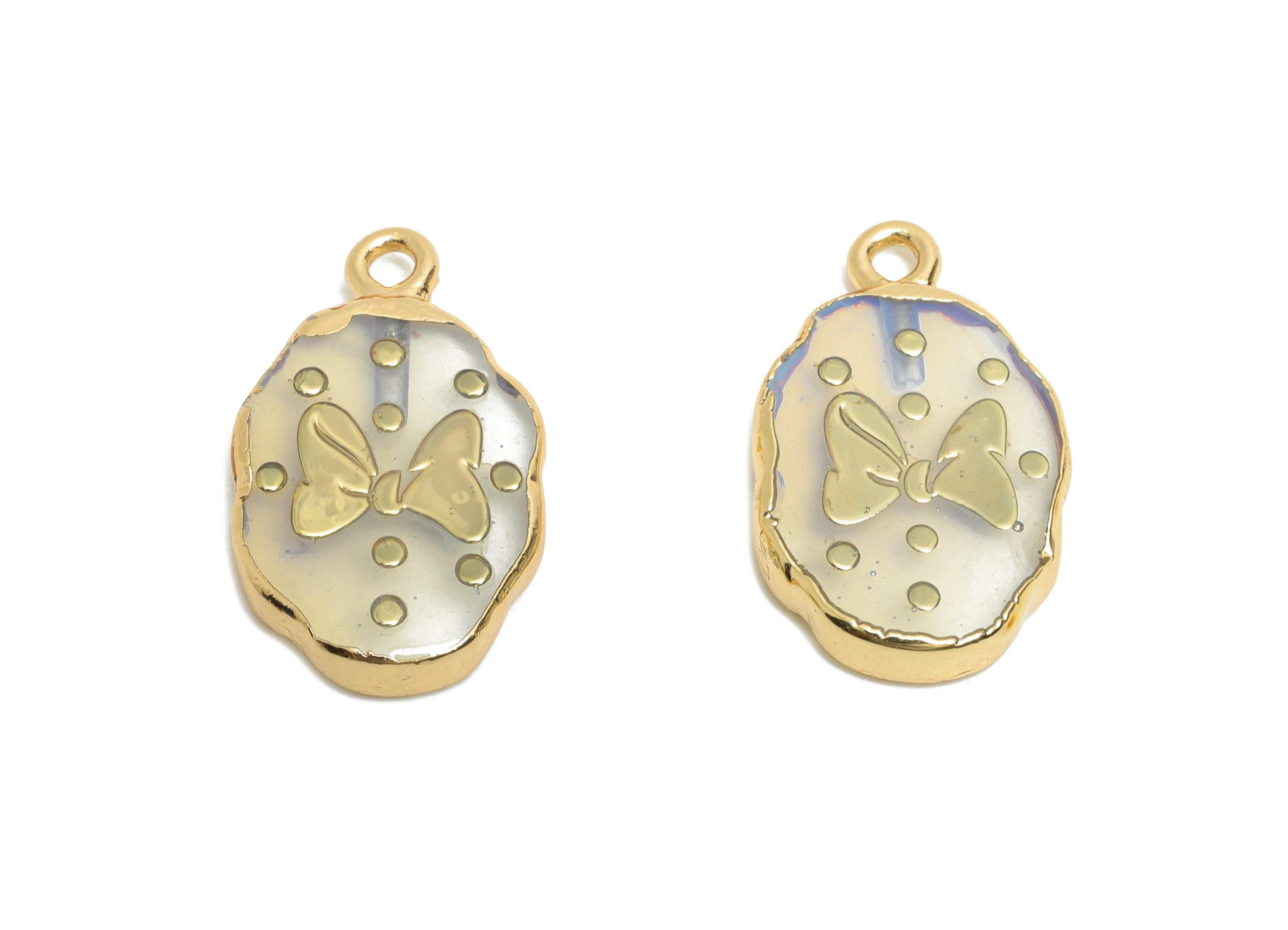 Opal Oval Bow Pendant - Brass Polka Dot For Handmade Necklace - Cute Bow and Dots Charm - 18K Real Gold Plated - 22x13x3.63mm - NS2868 - DOMEDBAZAAR