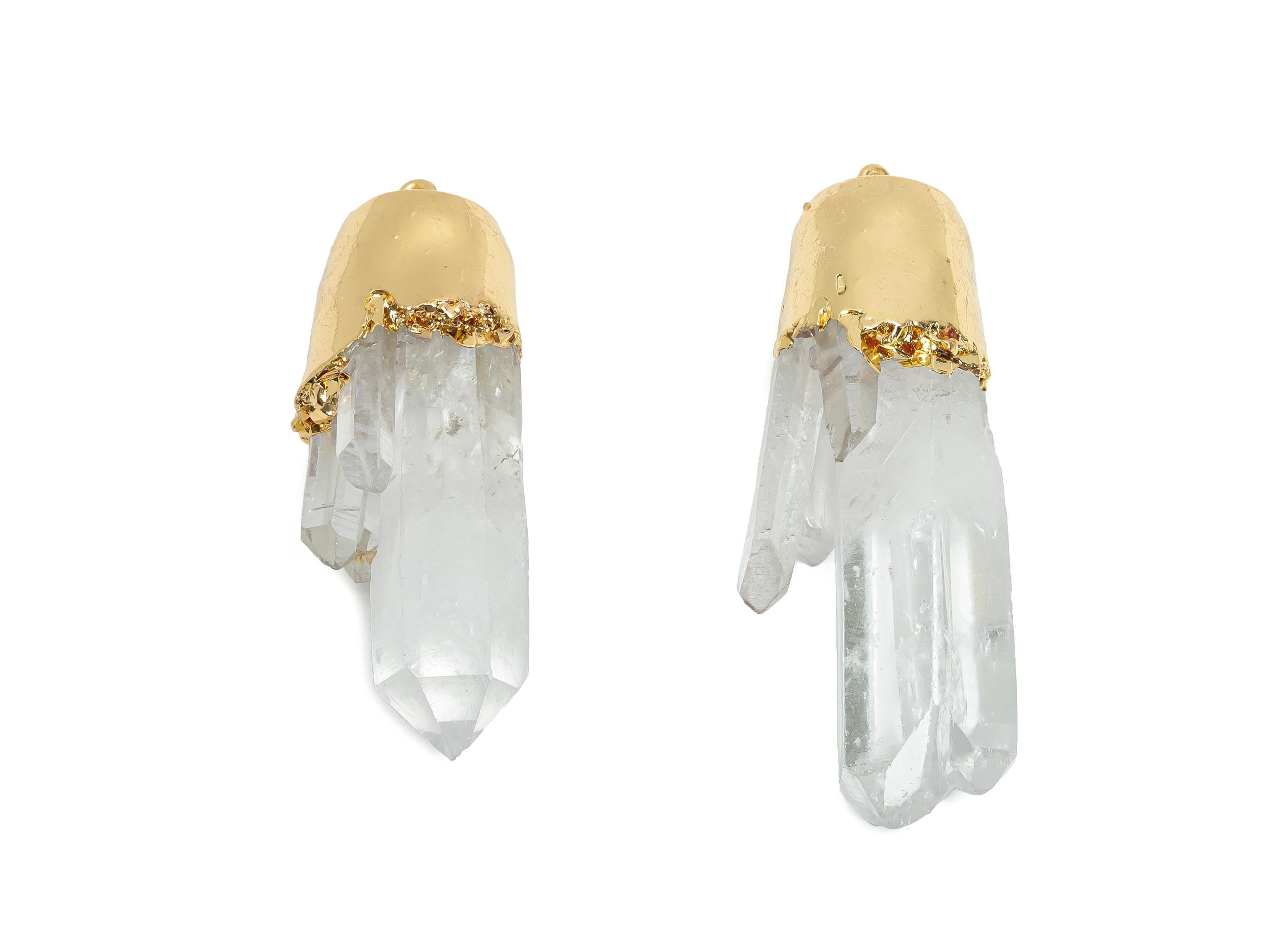 Clear Quartz Crystal Pendant - Brass Healing Stone Necklace - Natural Boho Chic Gemstone Necklace - 18K Real Gold Plated - 50x21x17mm-NS2878 - DOMEDBAZAAR