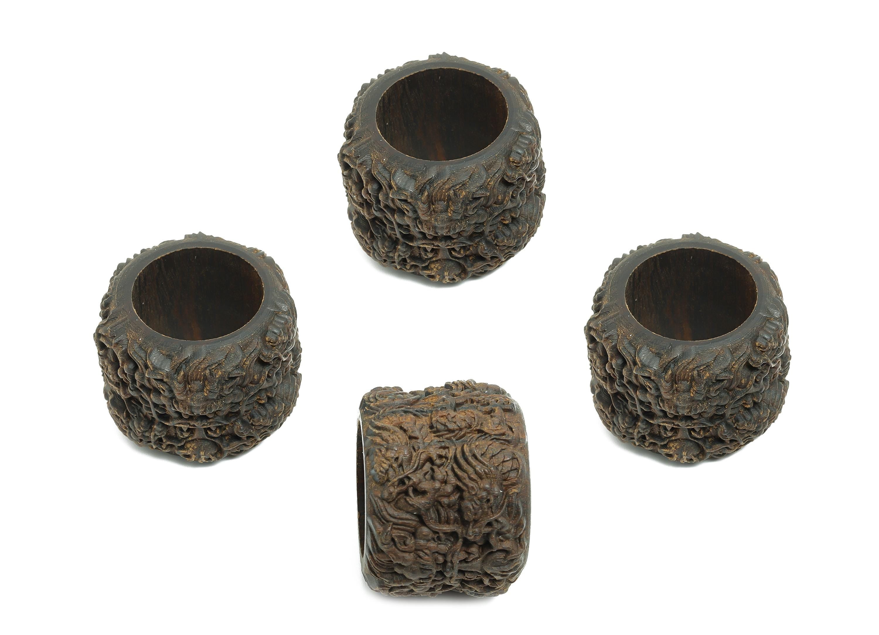 Natural Wooden Kowloon Ring - Black Wood Hand-Carved Wooden Ring - Agarwood Carved Dragon Hand-held Playthings - 32x32x25.47mm - BB1316 - DOMEDBAZAAR