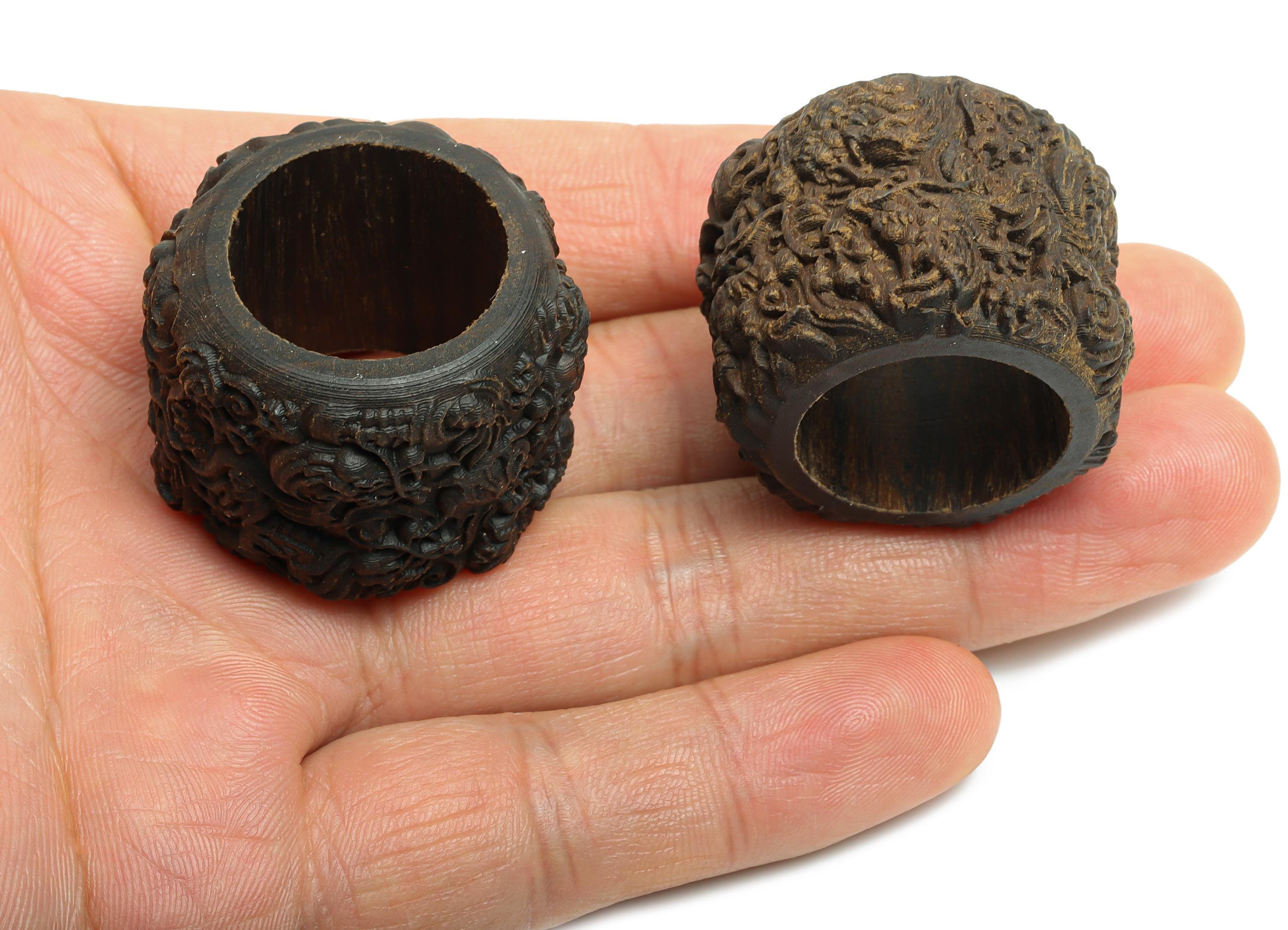 Natural Wooden Kowloon Ring - Black Wood Hand-Carved Wooden Ring - Agarwood Carved Dragon Hand-held Playthings - 32x32x25.47mm - BB1316 - DOMEDBAZAAR