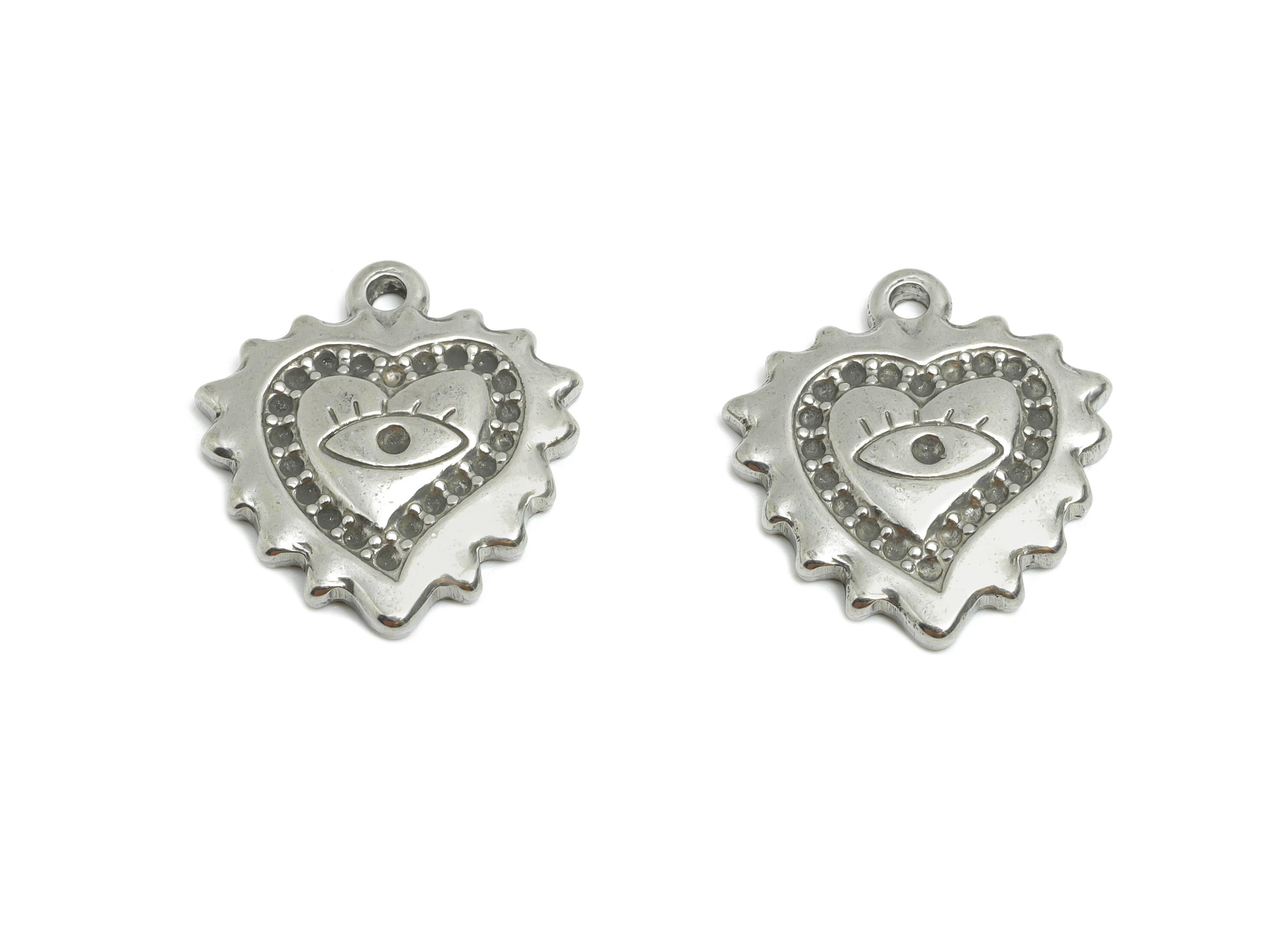 Stainless Steel Punk Heart Charms - Vintage Unique Eye Jewelry - Romantic Steel Protection Symbol - Good Luck Charm - 20x18x2.76mm - SS1841 - DOMEDBAZAAR