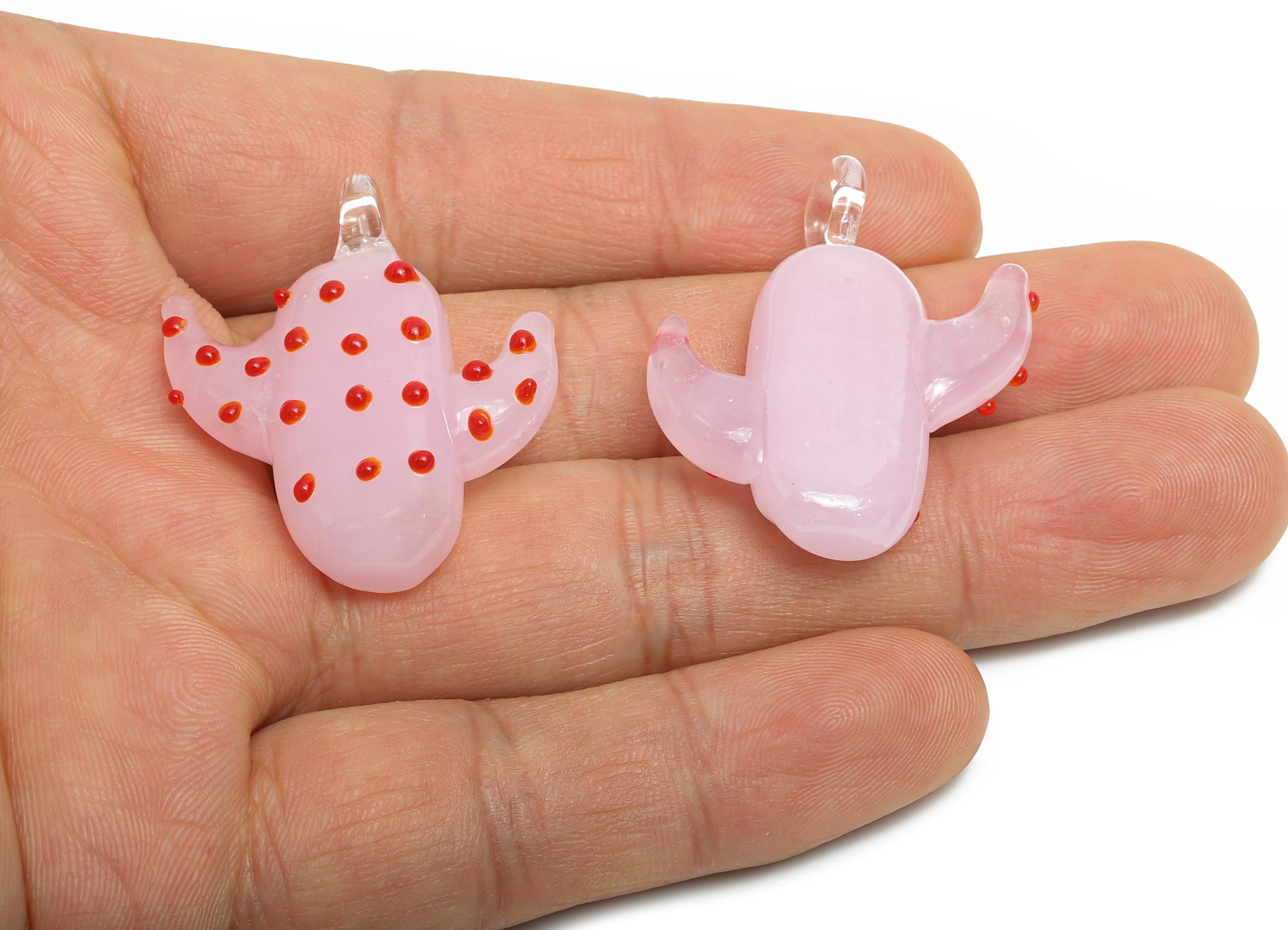Handmade Glass Cactus Pendant - Enamel Pink Cactus Glass Pendant - Unique Desert Plant Glass Necklace Pendant - 33.94x31.35x9.15mm - GS1323 - DOMEDBAZAAR