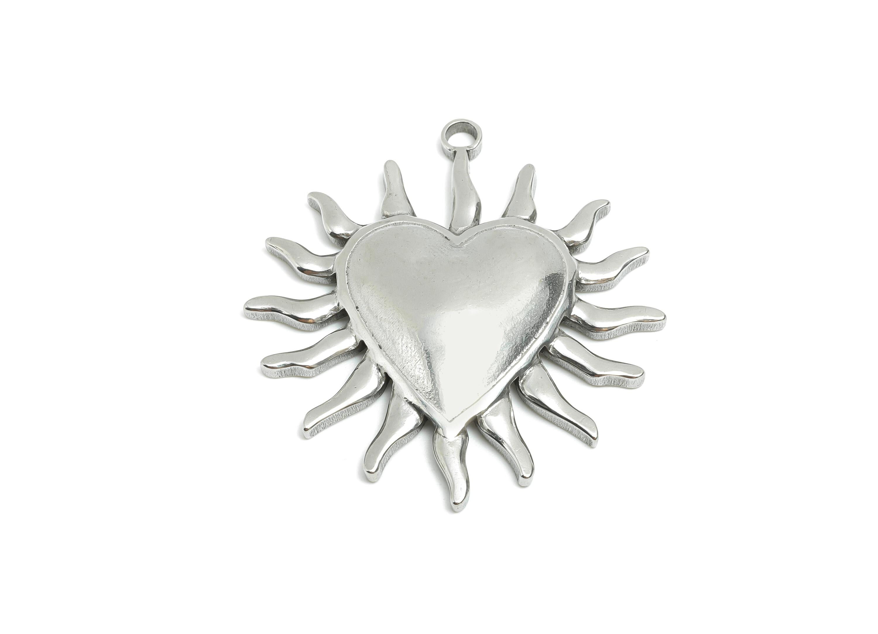 Stainless Steel Heart Charms - Sunburst Heart Necklace Pendant - Modern Silver Heart Charm - Punk Rock Steel Charm - 40x37x4.66mm - SS1882 - DOMEDBAZAAR