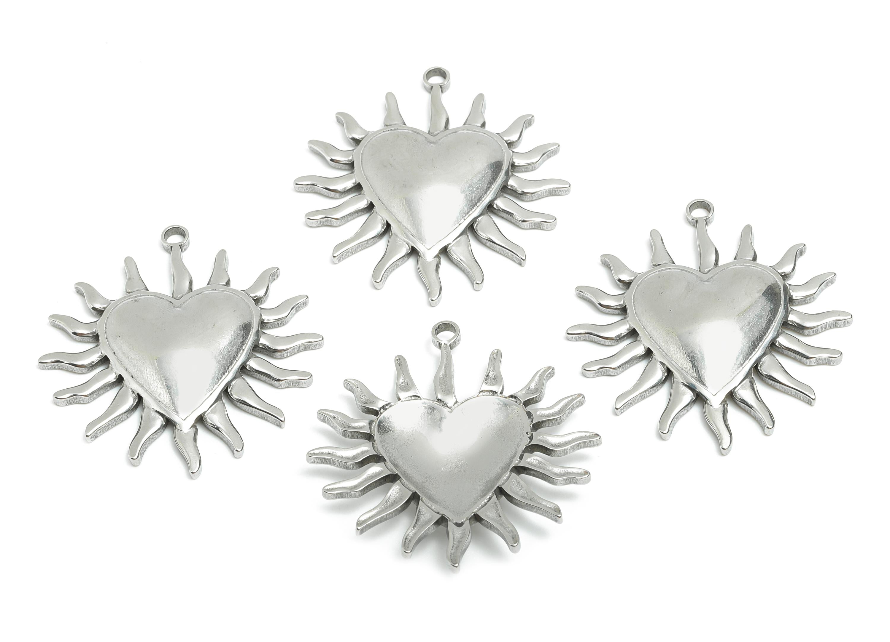Stainless Steel Heart Charms - Sunburst Heart Necklace Pendant - Modern Silver Heart Charm - Punk Rock Steel Charm - 40x37x4.66mm - SS1882 - DOMEDBAZAAR