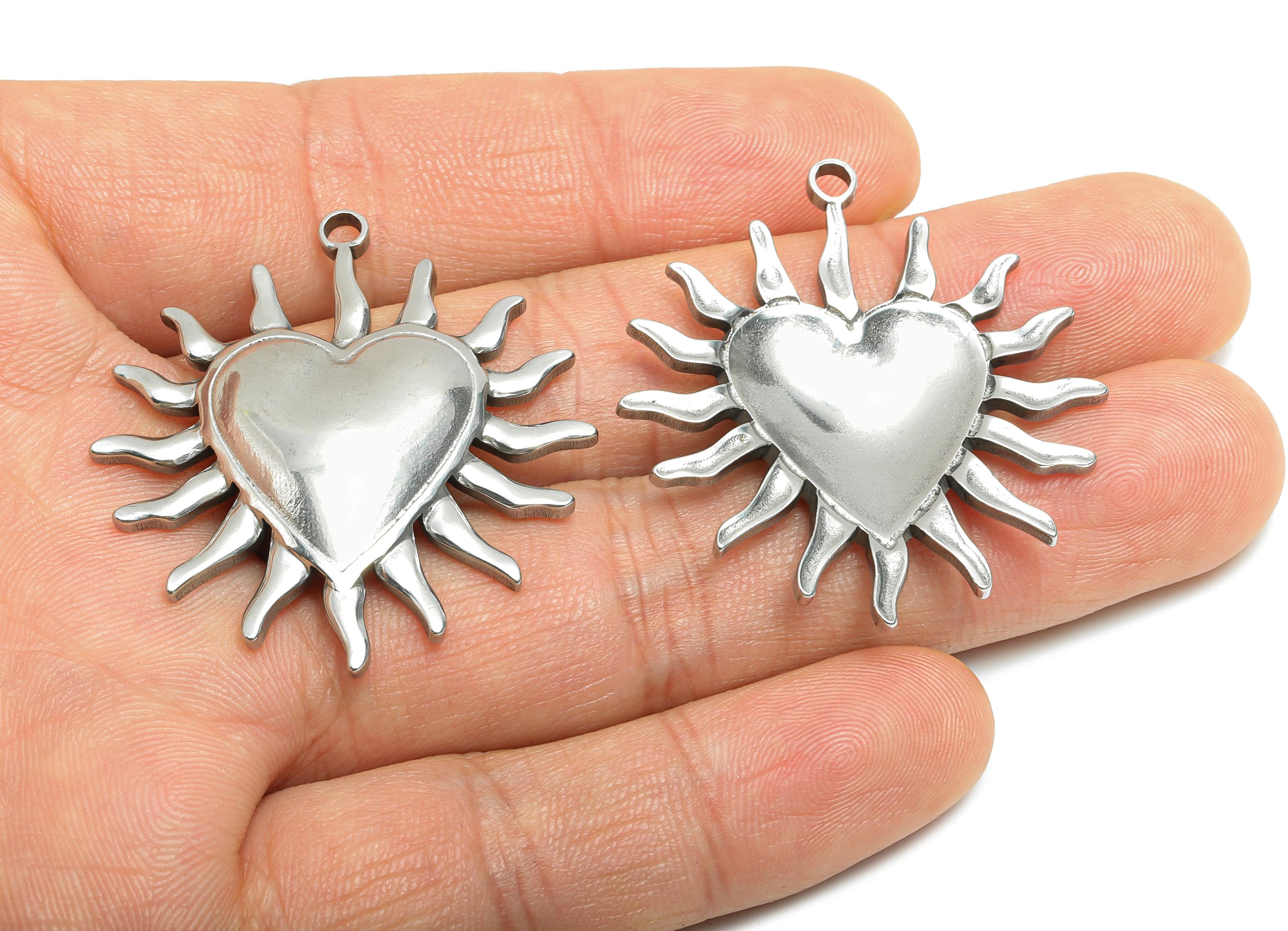 Stainless Steel Heart Charms - Sunburst Heart Necklace Pendant - Modern Silver Heart Charm - Punk Rock Steel Charm - 40x37x4.66mm - SS1882 - DOMEDBAZAAR