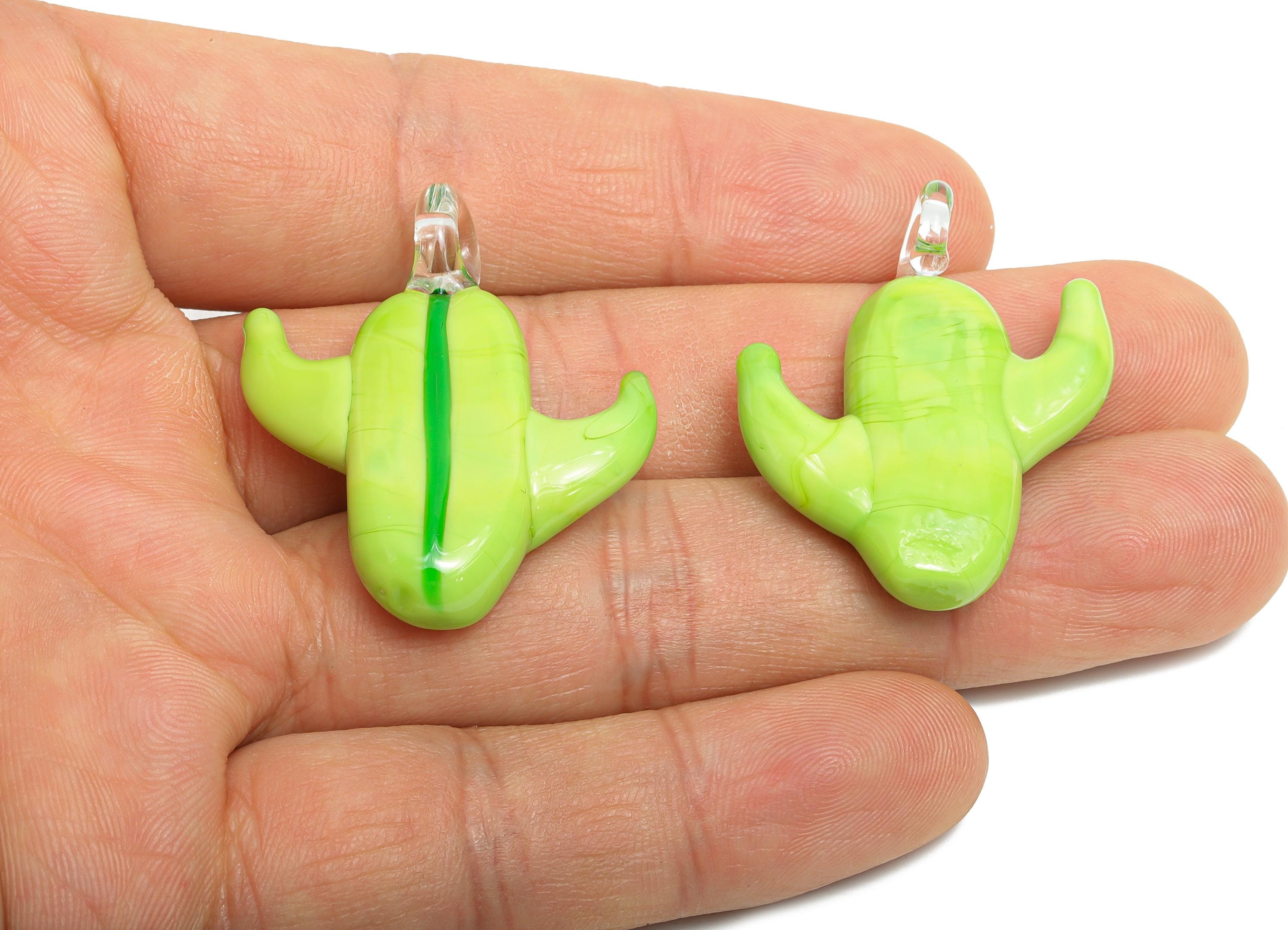 Handmade Glass Cactus Pendant - Enamel Green Cactus Glass Pendant - Unique Desert Plant Glass Necklace Pendant - 37.8x31.01x8mm - GS1322 - DOMEDBAZAAR