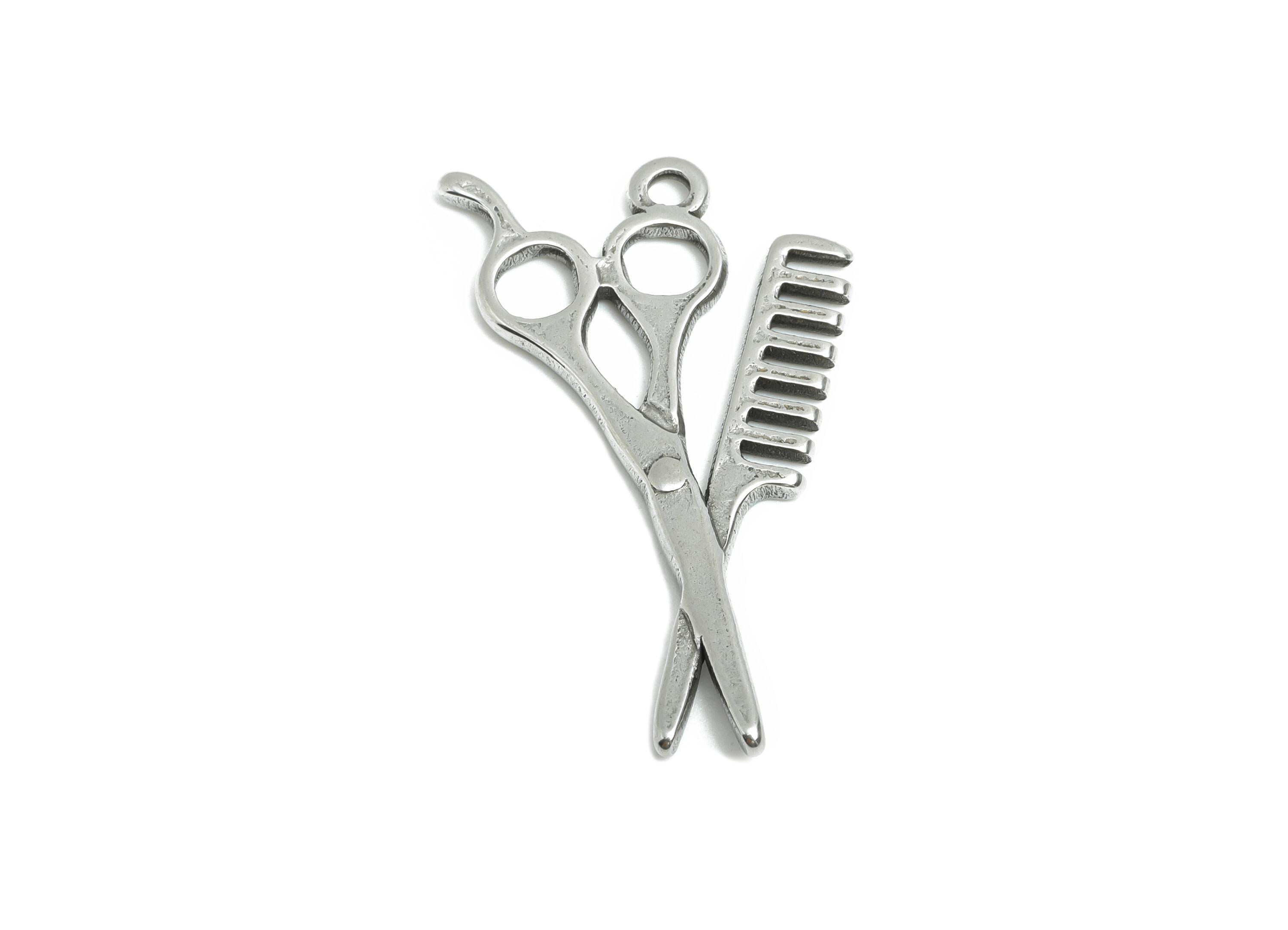 Steel Scissors and Comb Charms - Unique Silver Tool Pendant - Hair Styling Tools Design - Gift for Hair Stylist - 33.7x20.6x1.76mm - SS1957 - DOMEDBAZAAR
