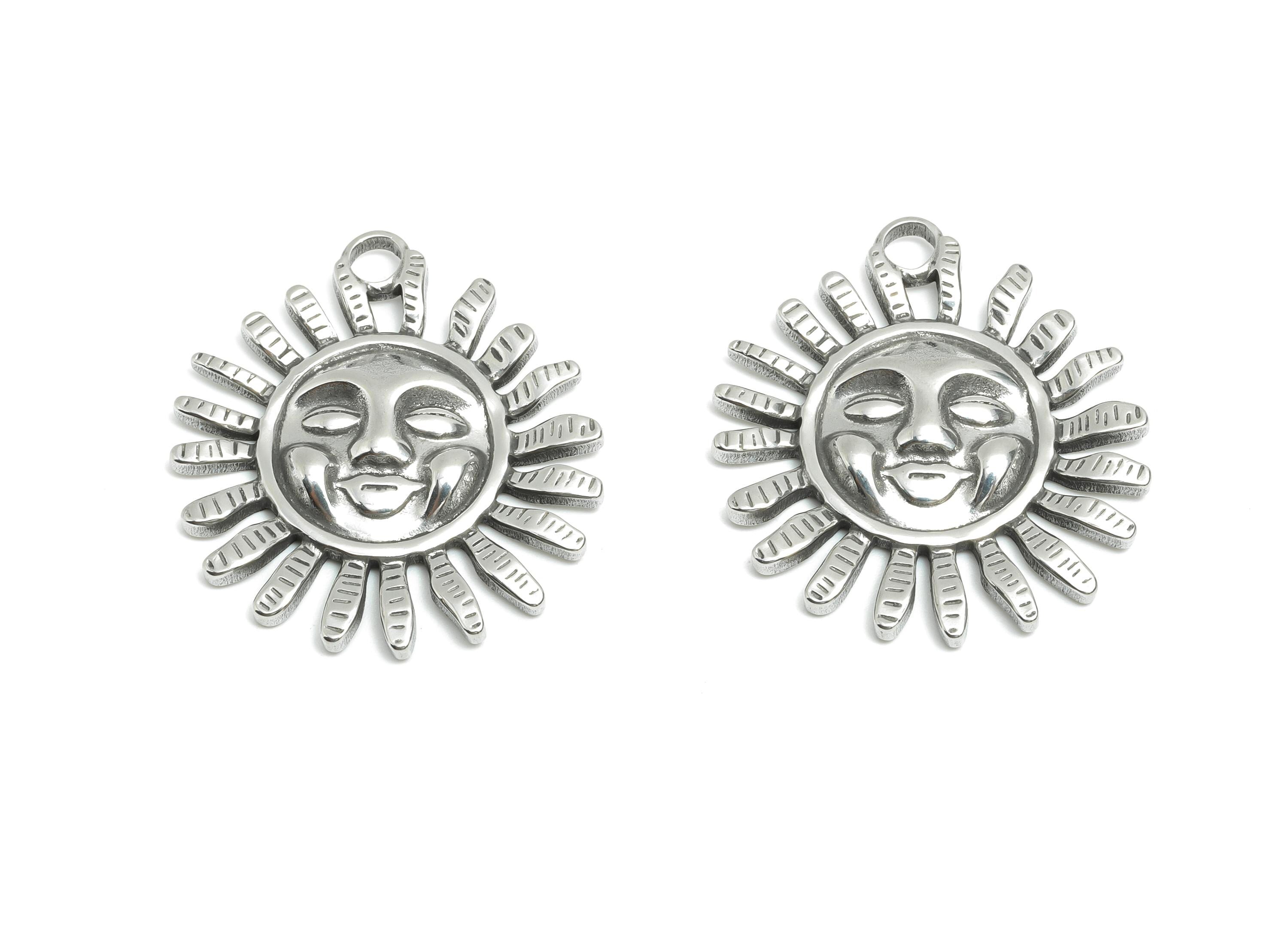 Steel Sun Face Charm - Shining Celestial Sun Pendant - Happy Sun Design - Boho Sun Necklace Pendant - Steel Jewelry - 33x29.5x3.6mm - SS1975 - DOMEDBAZAAR