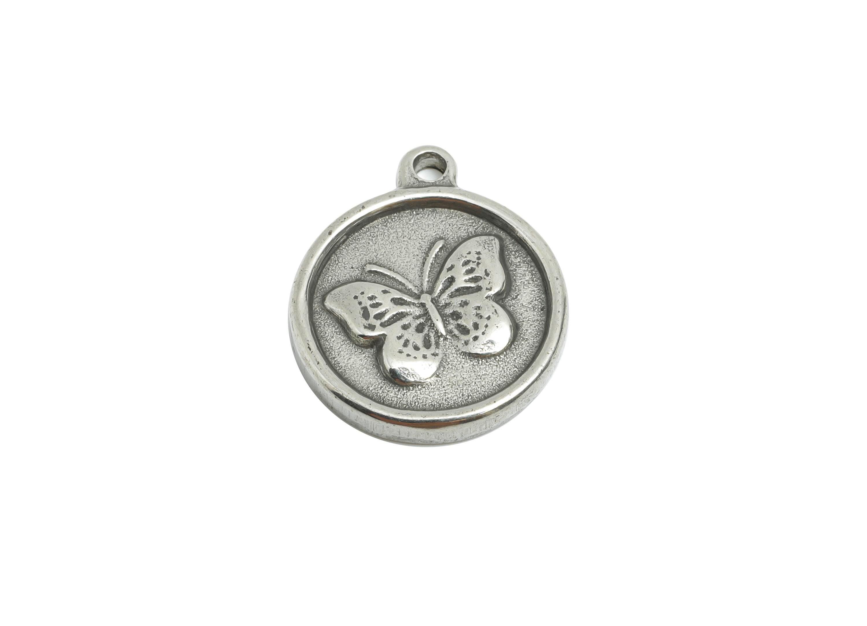 Steel Butterfly Charm - Detailed Round Silver Insect Charm - Vintage Flying Butterfly Charm - Minimalist Jewelry - 18.17x15x2.45mm - SS1946 - DOMEDBAZAAR