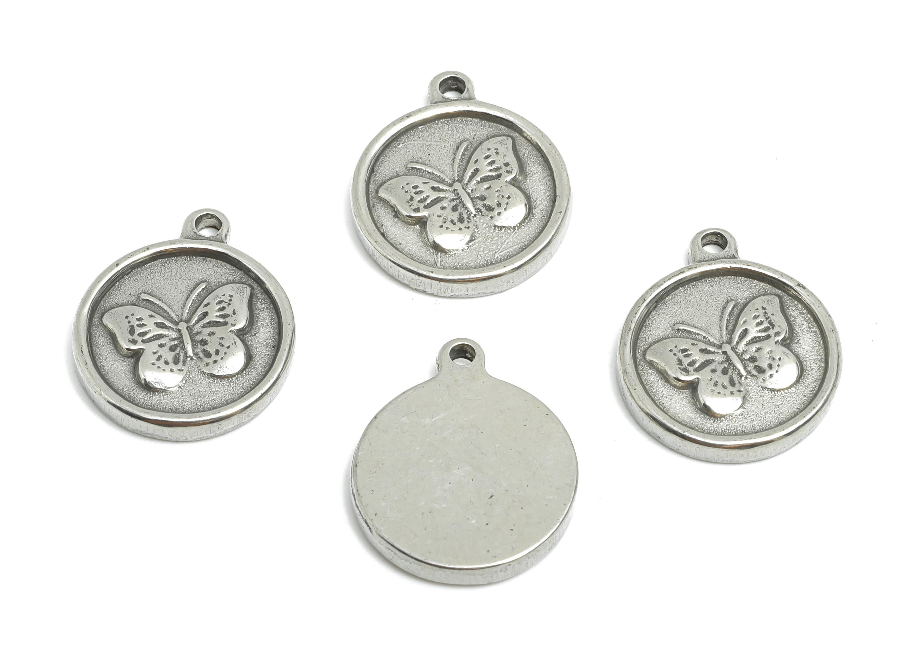 Steel Butterfly Charm - Detailed Round Silver Insect Charm - Vintage Flying Butterfly Charm - Minimalist Jewelry - 18.17x15x2.45mm - SS1946 - DOMEDBAZAAR