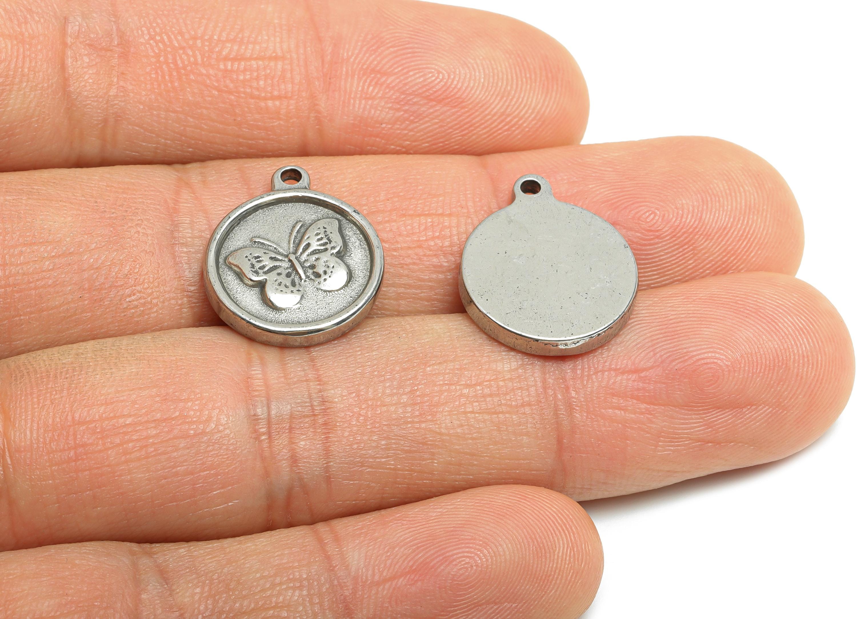 Steel Butterfly Charm - Detailed Round Silver Insect Charm - Vintage Flying Butterfly Charm - Minimalist Jewelry - 18.17x15x2.45mm - SS1946 - DOMEDBAZAAR