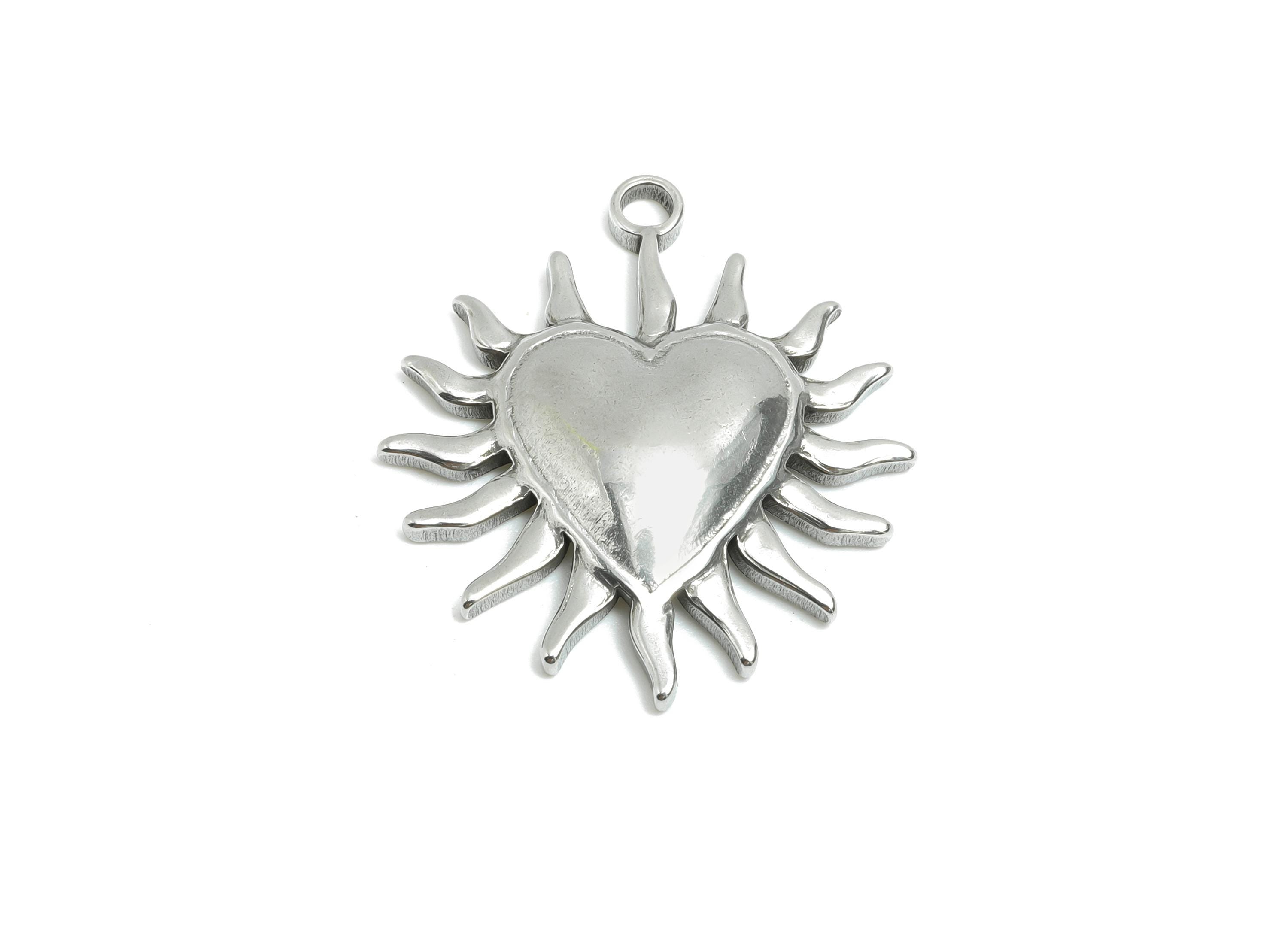 Stainless Steel Heart Charms - Sunburst Heart Necklace Pendant - Modern Silver Heart Charm - Punk Rock Steel Charm - 27x24x4.07mm - SS1740 - DOMEDBAZAAR