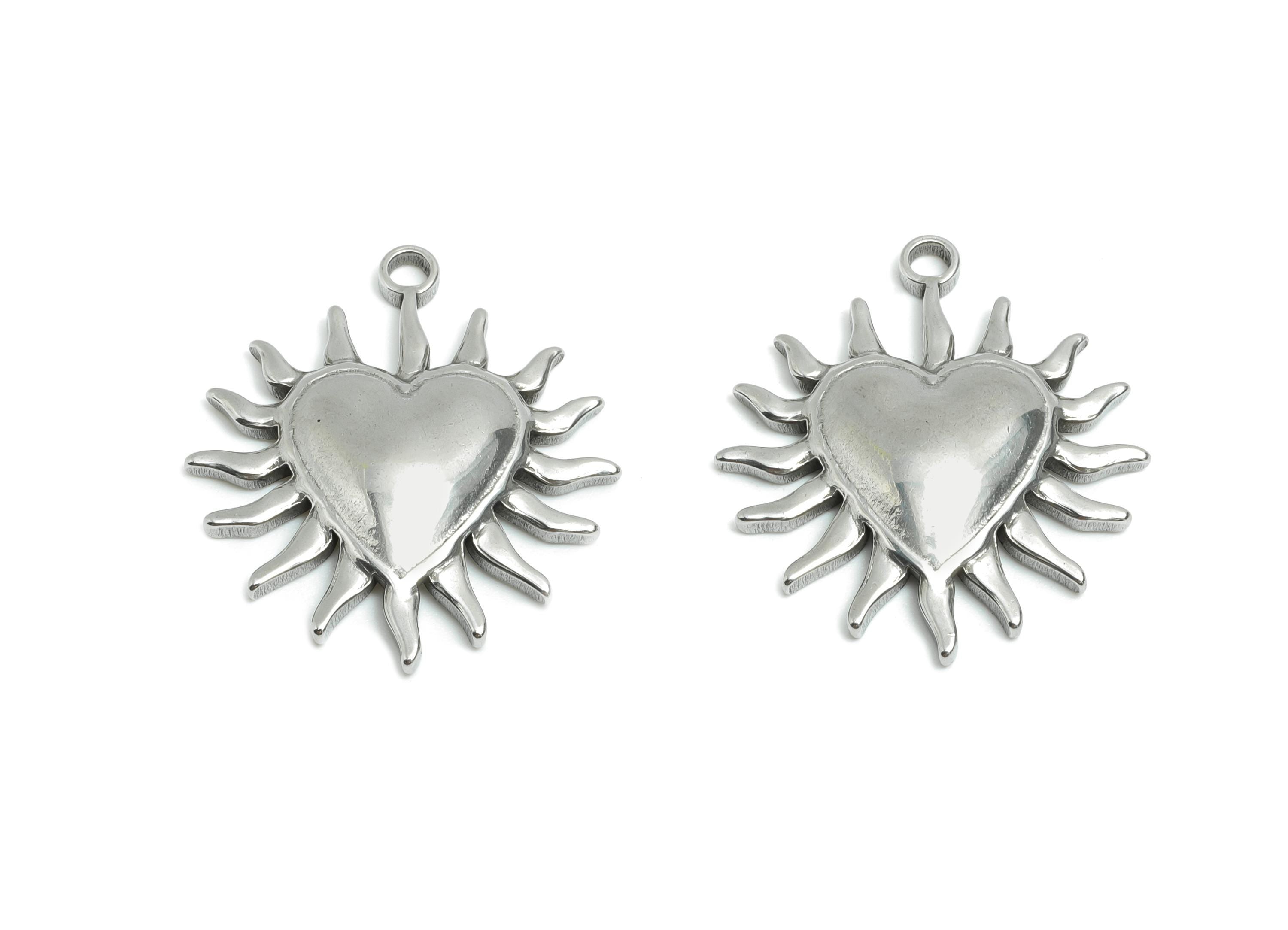 Stainless Steel Heart Charms - Sunburst Heart Necklace Pendant - Modern Silver Heart Charm - Punk Rock Steel Charm - 27x24x4.07mm - SS1740 - DOMEDBAZAAR
