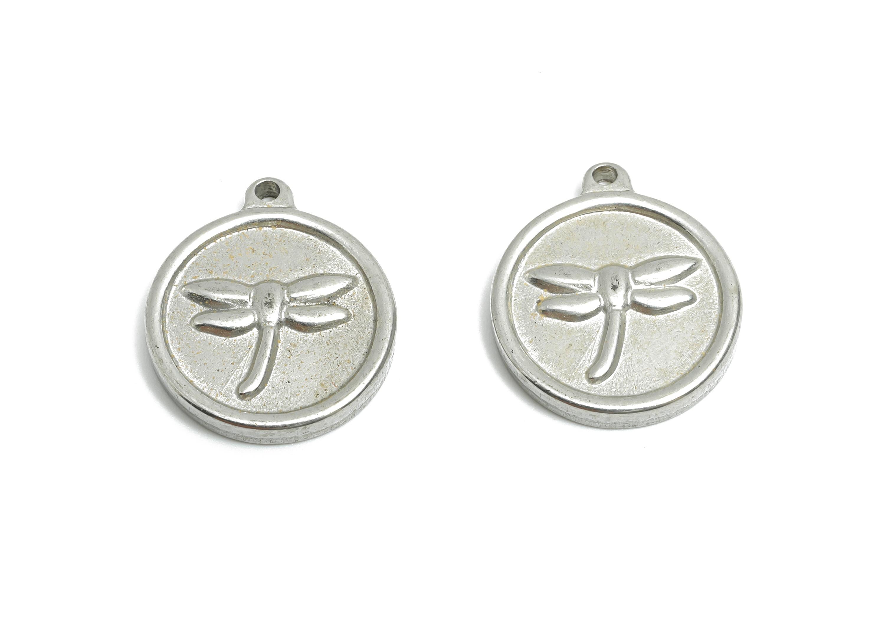 Stainless Steel Dragonfly Pendant - Round Coin Dragonfly Charm - Elegant Insect Pendant - Animal Charm for Jewelry - 17x15x2.69mm - SS1966 - DOMEDBAZAAR