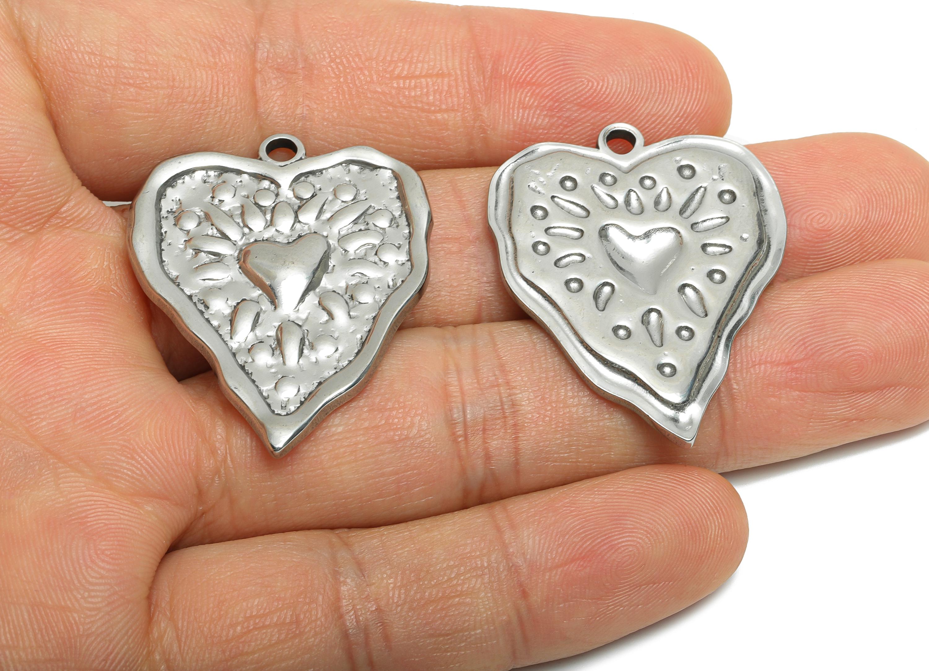 Stainless Steel Heart Charms - Hammered Modern Heart Pendant for Necklace - Romantic Heart Jewelry - Steel Finding - 35.97x29x2mm - SS1883 - DOMEDBAZAAR