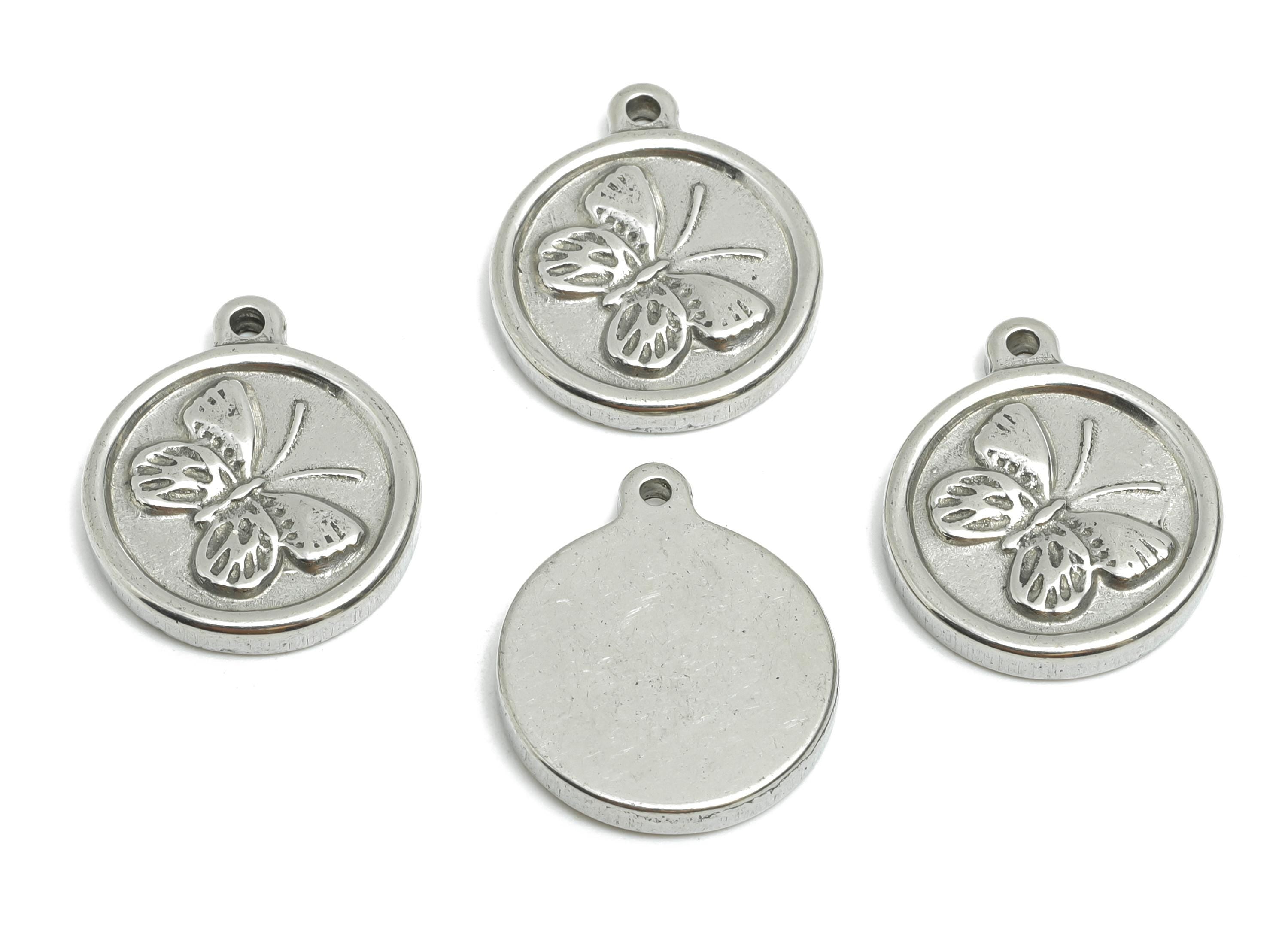 Steel Butterfly Charm - Detailed Silver Insect Charm - Vintage Flying Butterfly Round Charm - Stainless Steel Jewelry - 18x15x2mm - SS1820 - DOMEDBAZAAR