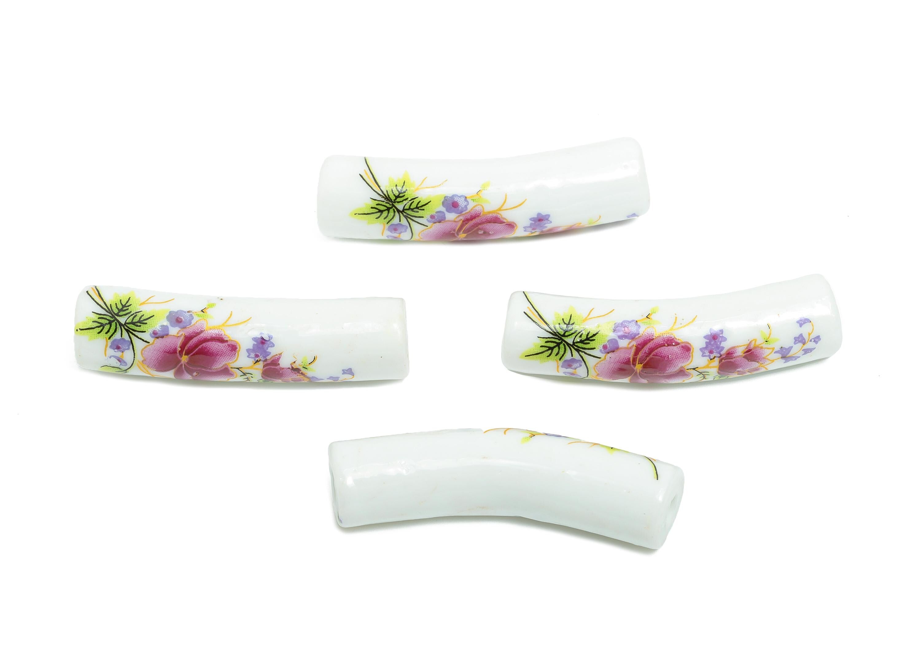 Glazed Ceramic Bracelet Bead - Floral Curved Spacer Tube Beads - Handmade Bead Connector - Jewelry Component - 39.74x10.98x9.93mm - GS1337 - DOMEDBAZAAR