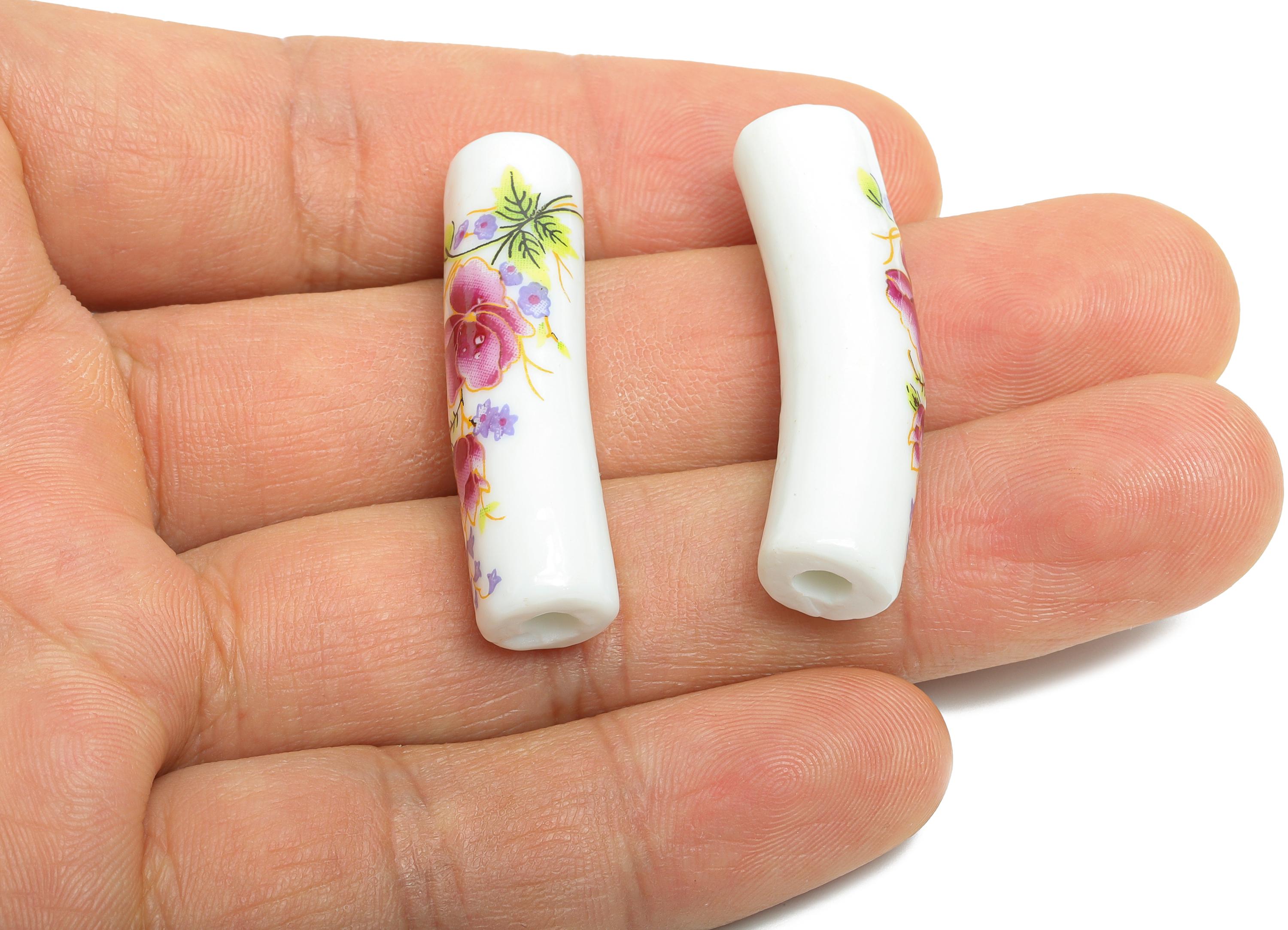 Glazed Ceramic Bracelet Bead - Floral Curved Spacer Tube Beads - Handmade Bead Connector - Jewelry Component - 39.74x10.98x9.93mm - GS1337 - DOMEDBAZAAR