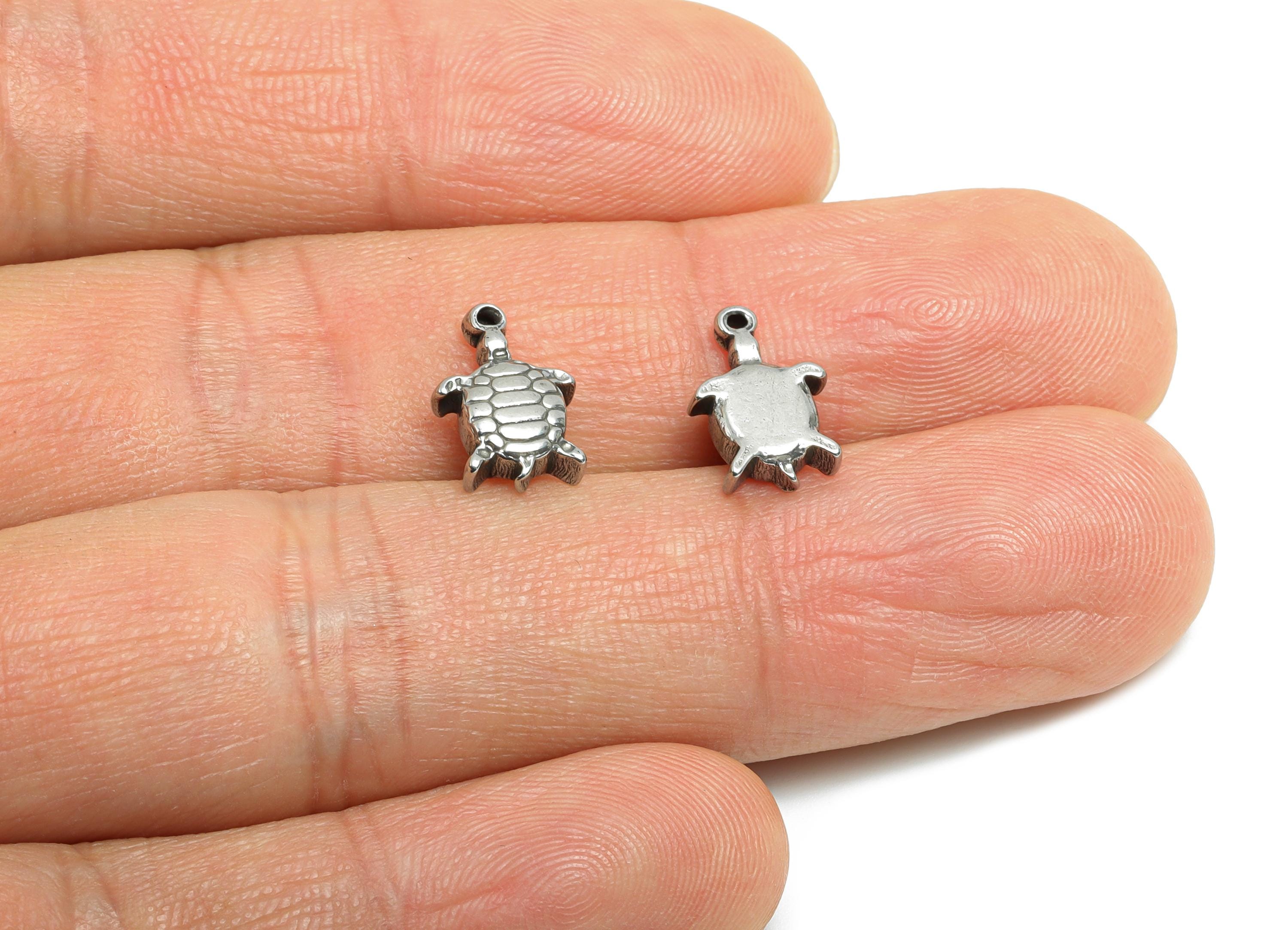 Steel Turtle Earring Charm - Textured Turtle Charm For Bracelet - Miniature Turtle Pendant - Stainless Steel Jewelry - 11x8x2mm - SS1742 - DOMEDBAZAAR