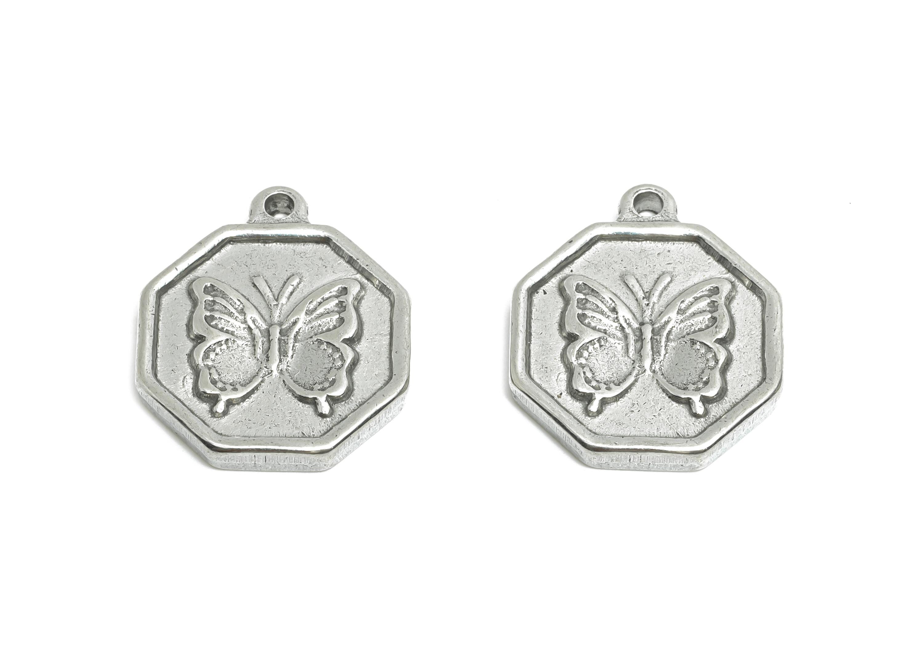 Steel Butterfly Charm - Detailed Silver Insect Charm - Vintage Flying Butterfly Geometric Charm - Steel Jewelry - 18.24x15.5x2.6mm - SS1813 - DOMEDBAZAAR
