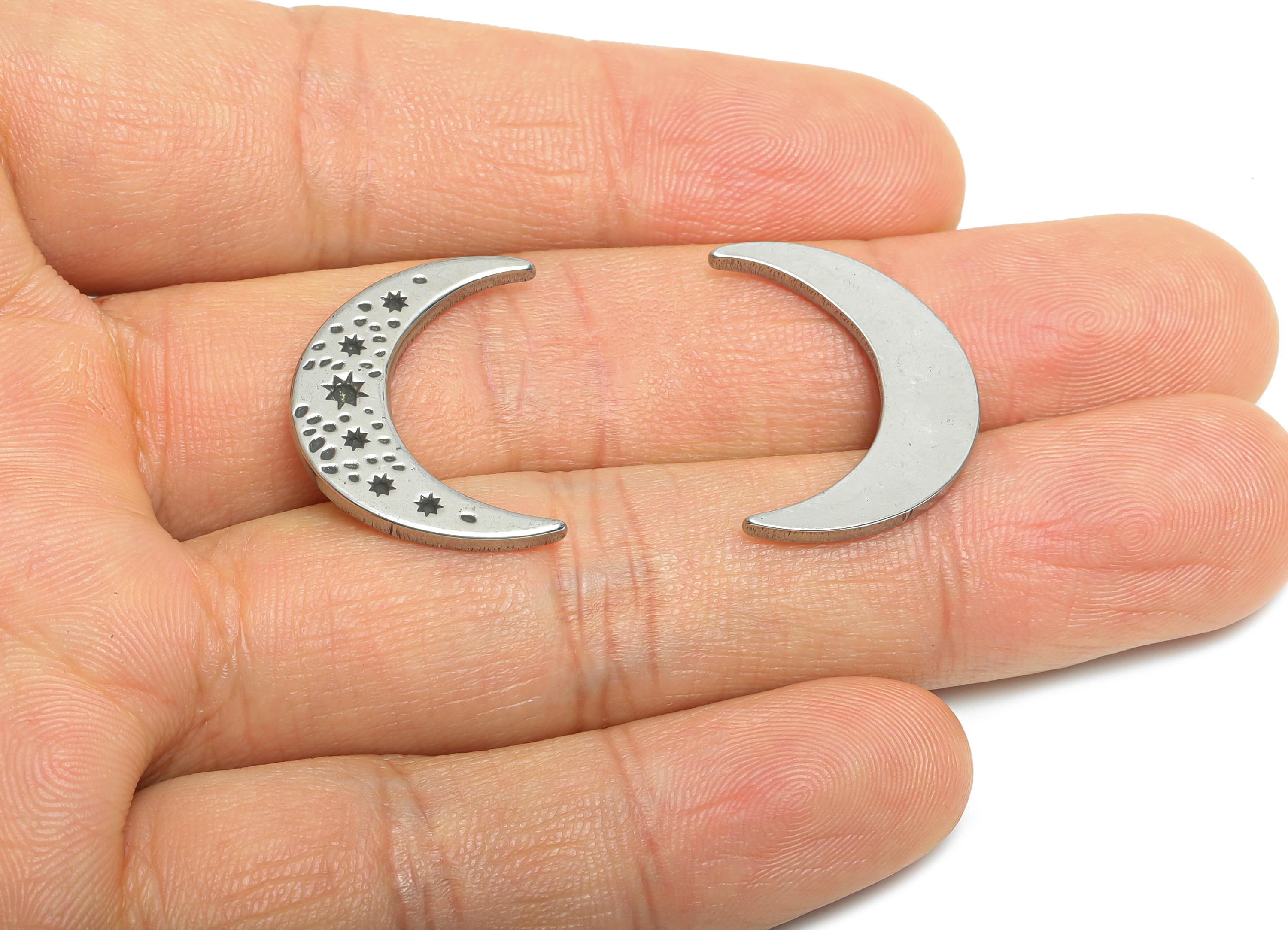Stainless Steel Crescent Charm - Celestial Moon Star Charm - Steel Minimalist Cosmic Design - Silver Jewelry Making - 23x17.5x1.8mm - SS1863 - DOMEDBAZAAR