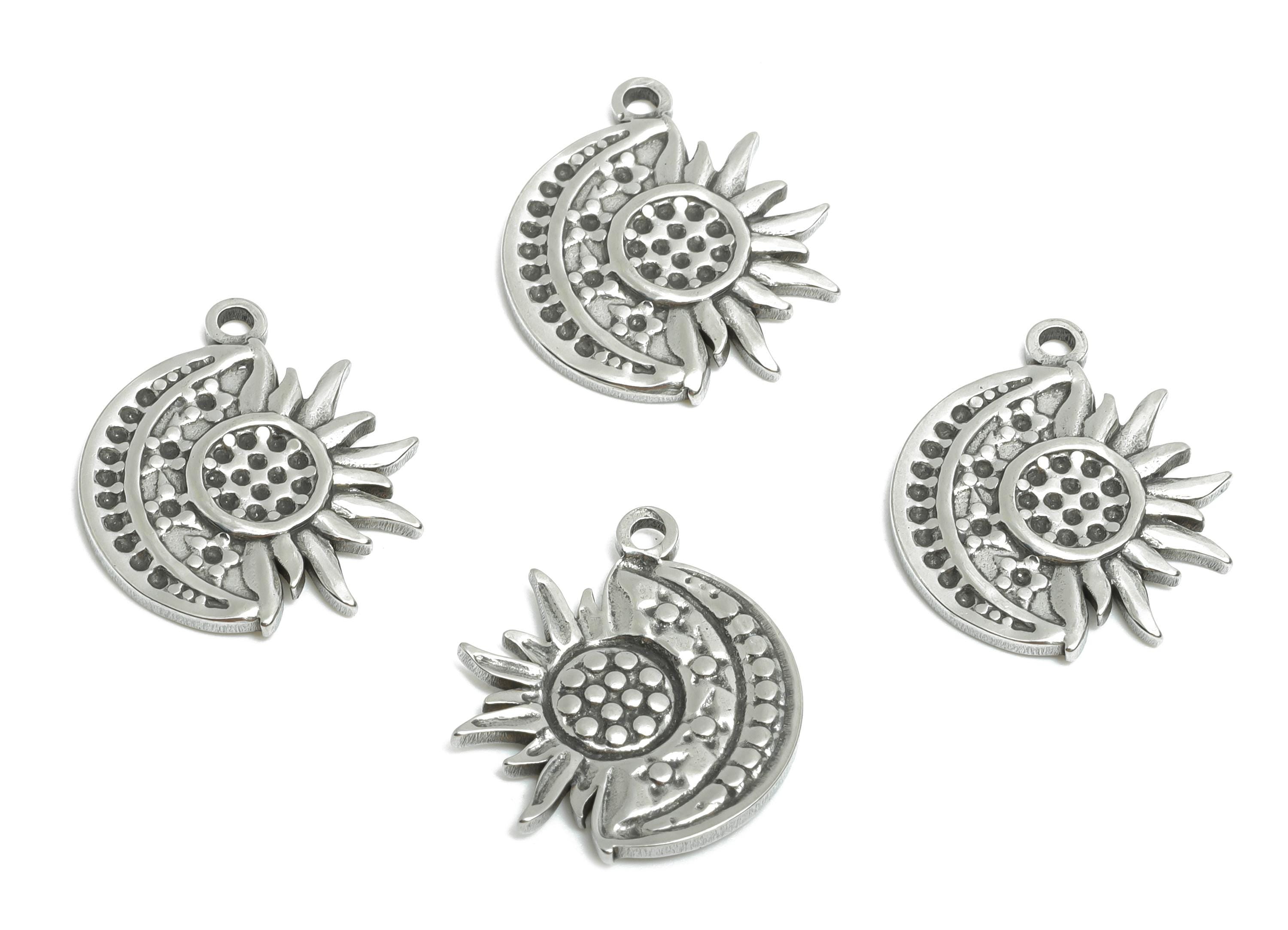 Steel Crescent Charms - Celestial Sunflower Pendant for Necklace - Sun and Moon Spiritual Charm - Steel Finding - 18x15x1.77mm - SS1895 - DOMEDBAZAAR