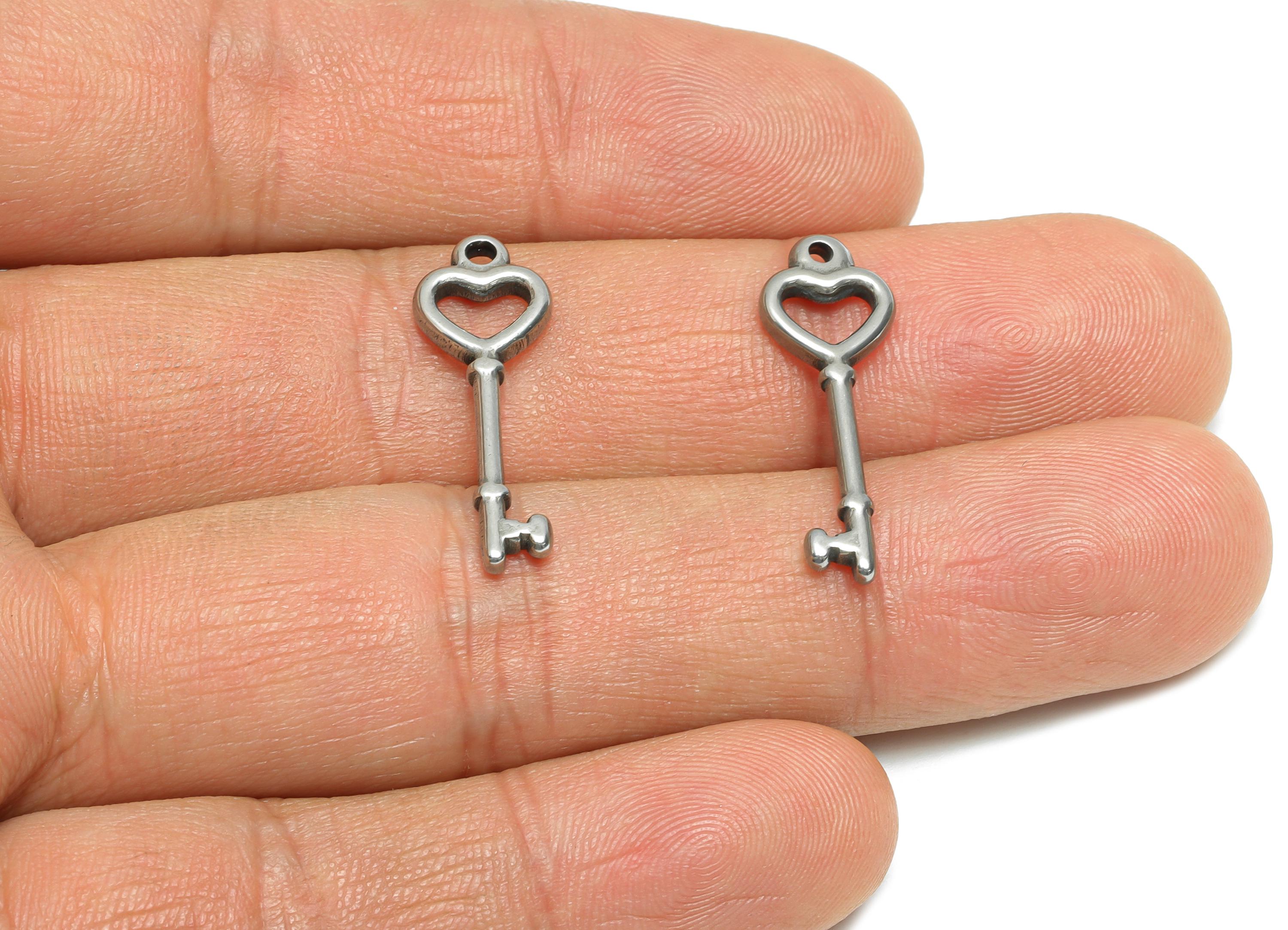 Stainless Steel Key Heart Charms - Romantic Key Pendant Pendant - Vintage Heart Key Charm - Heart Motif Jewelry - 25x8x2.22mm - SS1771 - DOMEDBAZAAR
