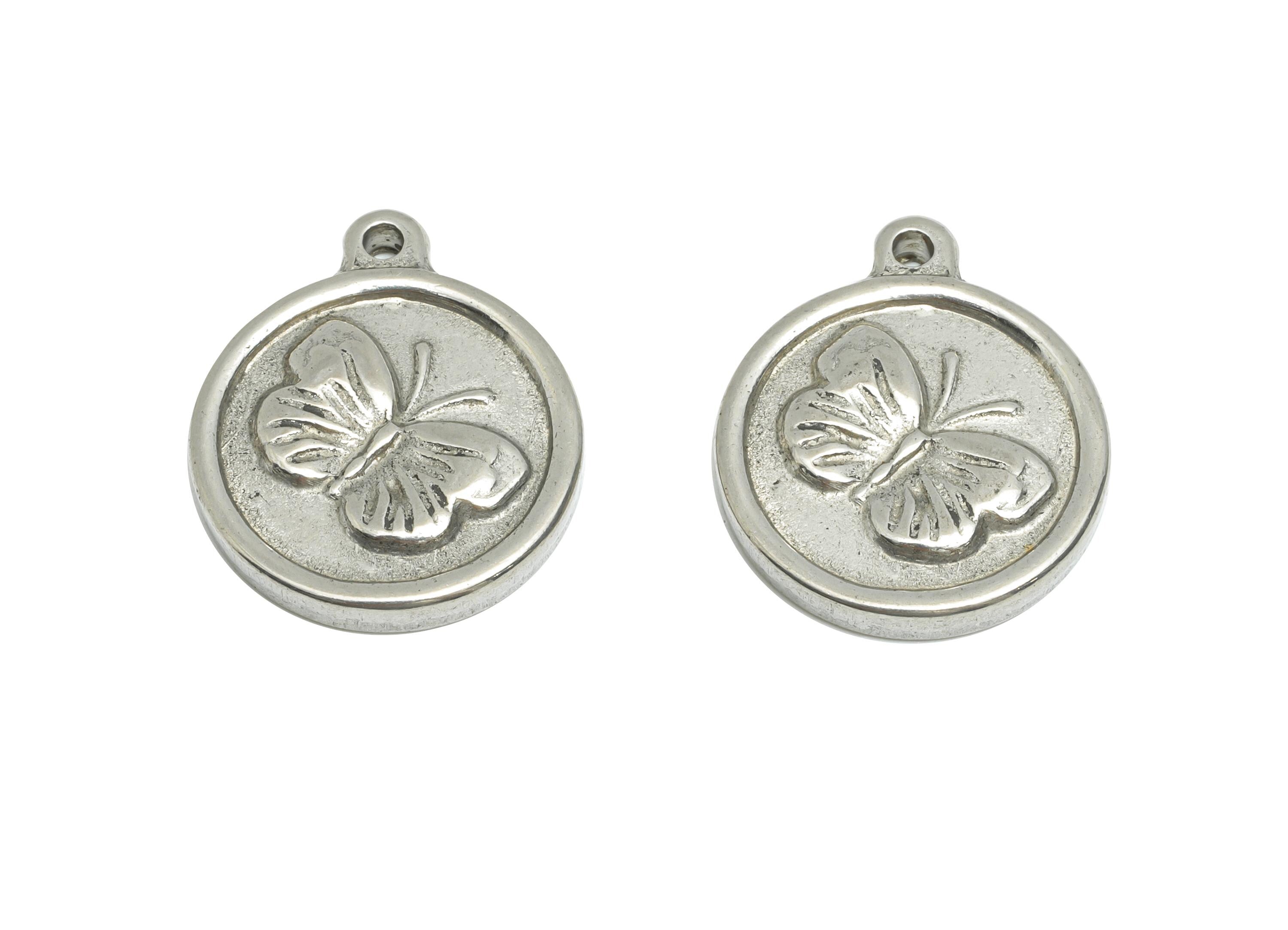 Steel Butterfly Charm - Detailed Silver Insect Charm - Vintage Flying Butterfly Round Charm - Stainless Steel Jewelry - 18x15x2mm - SS1920 - DOMEDBAZAAR