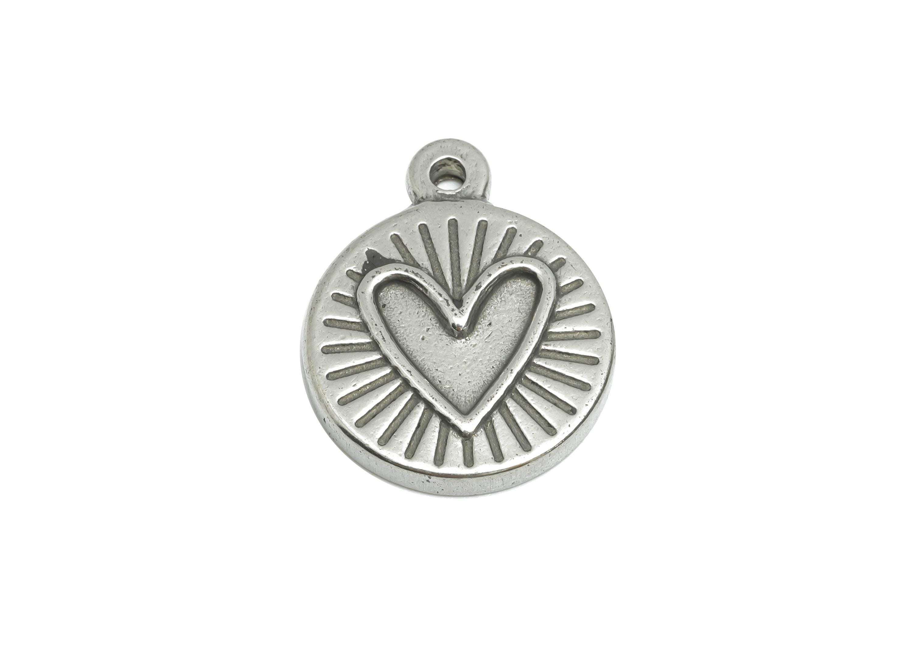 Stainless Steel Heart Charms - Textured Round Sunburst Charm - Coin Craft Supply For Gemstone - Stainless Steel Jewelry - 18x15x2mm - SS1963 - DOMEDBAZAAR