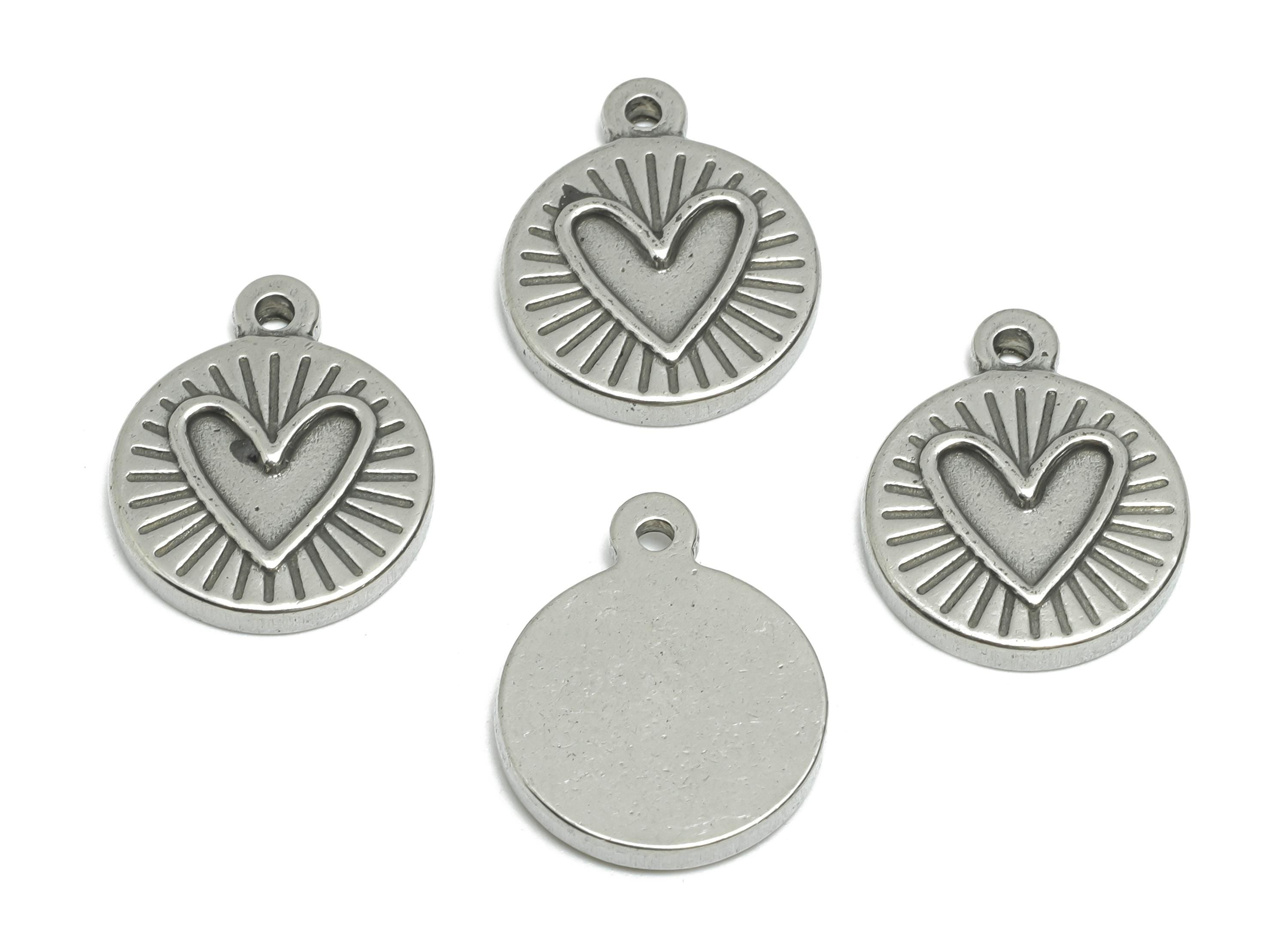 Stainless Steel Heart Charms - Textured Round Sunburst Charm - Coin Craft Supply For Gemstone - Stainless Steel Jewelry - 18x15x2mm - SS1963 - DOMEDBAZAAR