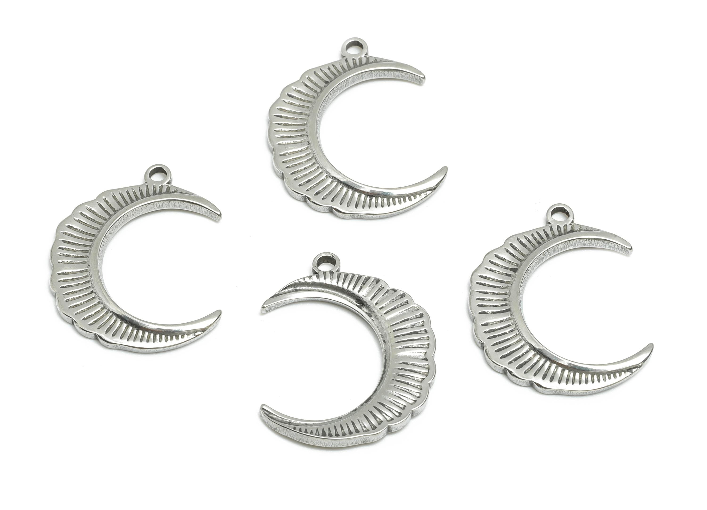 Steel Crescent Pendant - Textured Crescent Moon Charm for Bracelet - Vintage Celestial Pendant - Steel Jewelry - 22x18x2.17mm - SS1943 - DOMEDBAZAAR