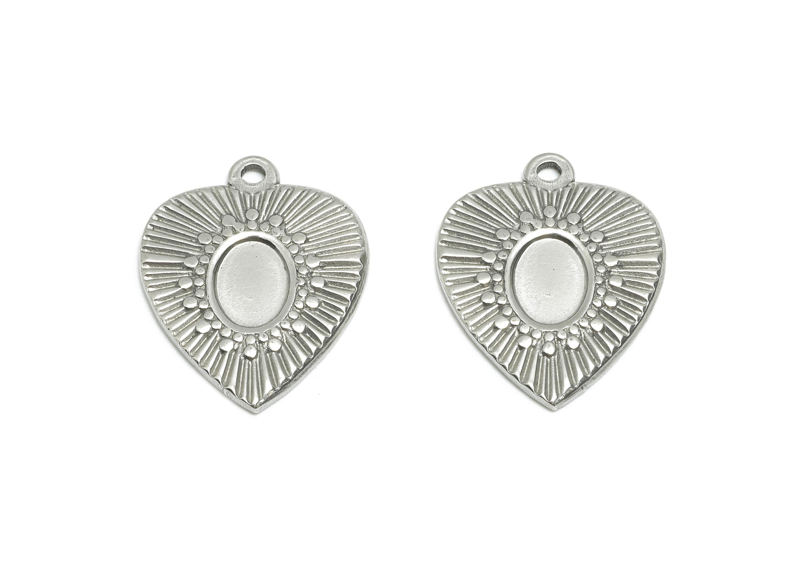 Steel Heart Pendant - Textured Vintage Charm for Bracelet - Boho Vintage Oval Pendant For Gemstone - Steel Jewelry - 22x18x1.68mm - SS1759 - DOMEDBAZAAR