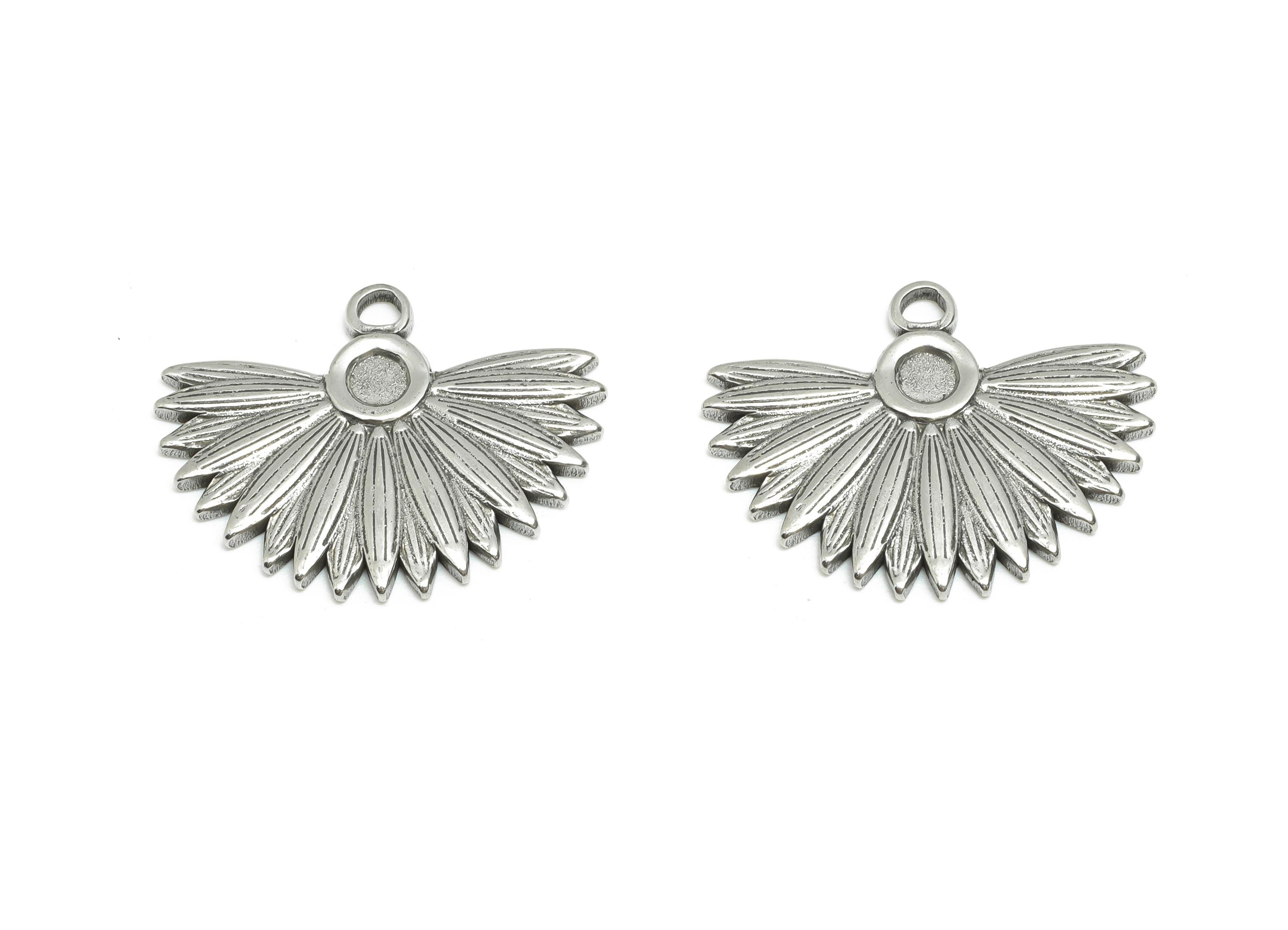 Stainless Steel Fan Charms - Textured Sunburst Floral Pendant - DIY Jewelry For Gemstone - Steel Jewelry Accessory - 17x22x1mm - SS1949 - DOMEDBAZAAR