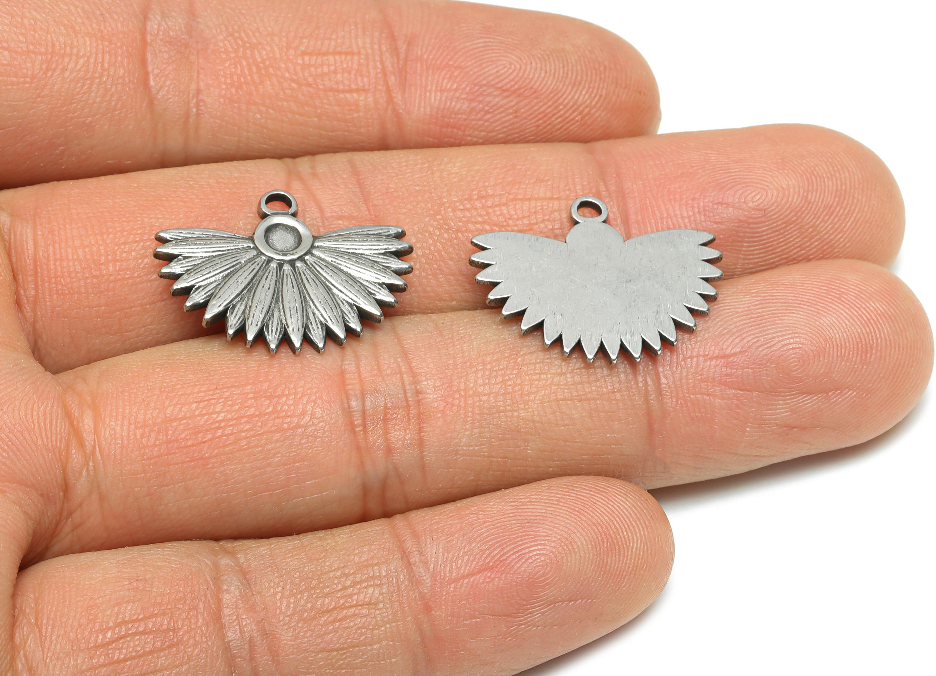 Stainless Steel Fan Charms - Textured Sunburst Floral Pendant - DIY Jewelry For Gemstone - Steel Jewelry Accessory - 17x22x1mm - SS1949 - DOMEDBAZAAR