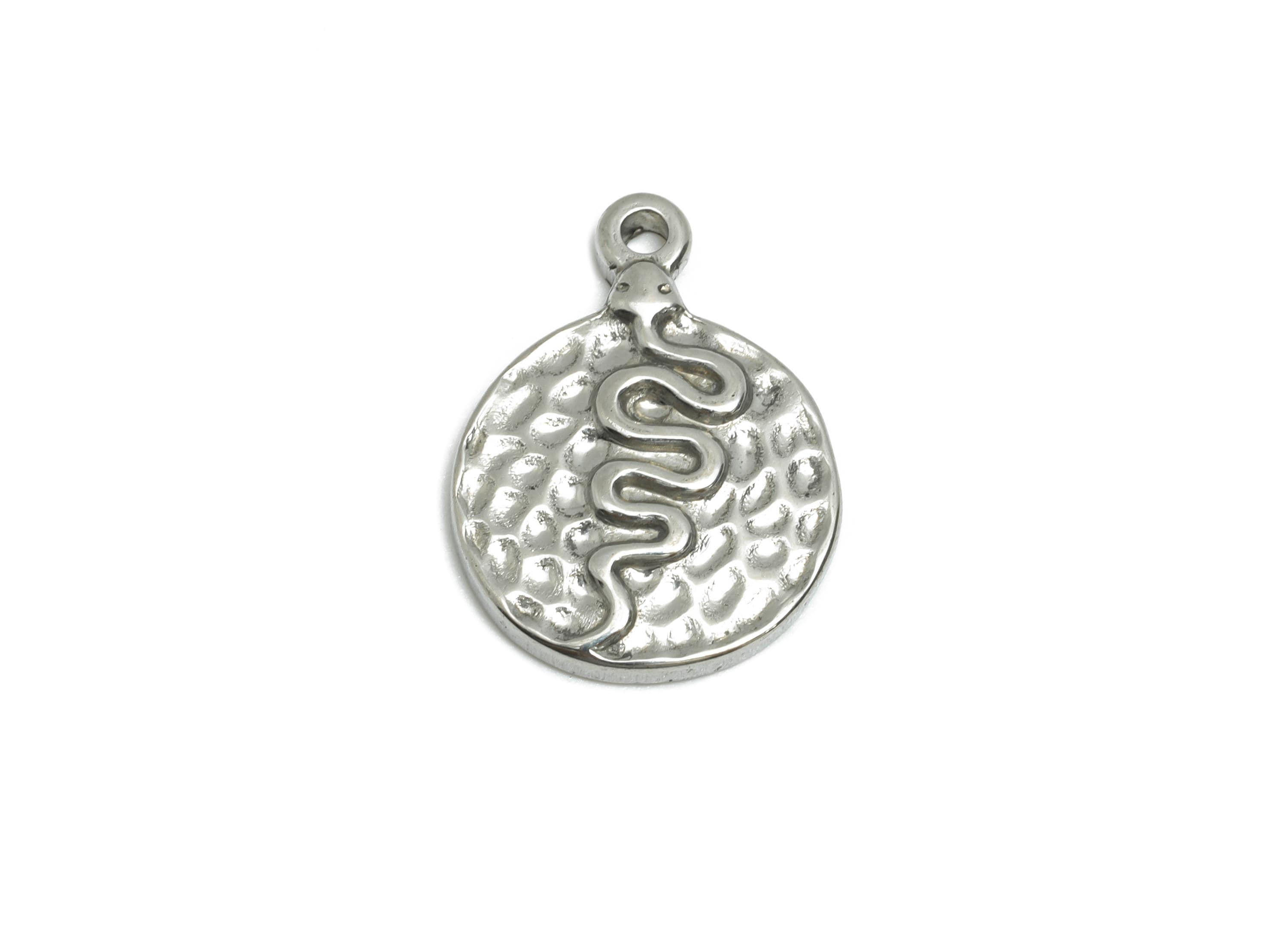 Steel Snake Charms - Hammered Round Snake Pendant for Necklace - Textured Snake Jewelry Accent - Steel Finding - 16.54x12.31x2.04mm - SS1799 - DOMEDBAZAAR