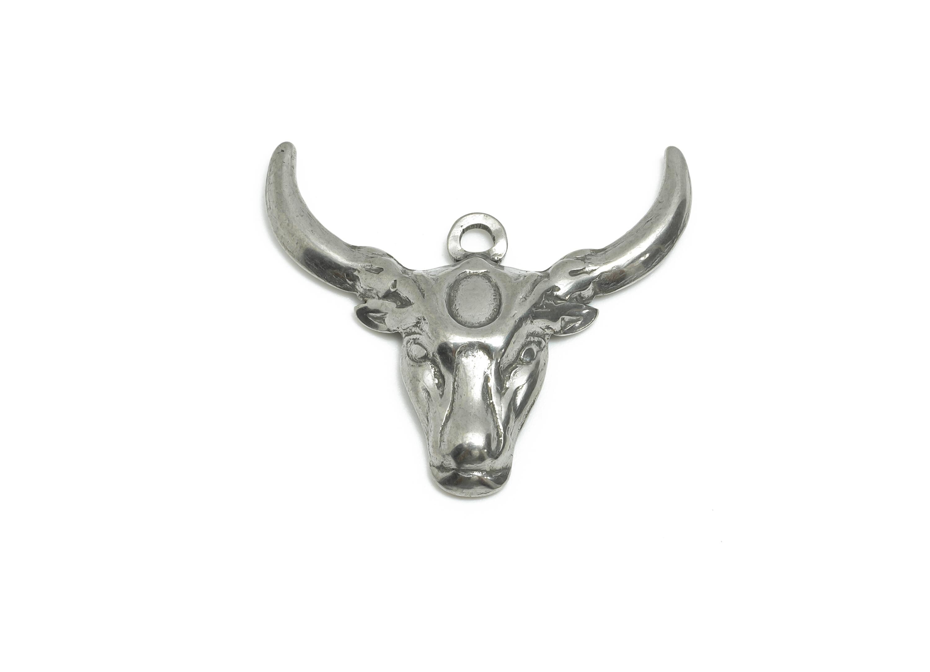 Stainless Steel Cow Head Pendant - Steel Animal Pendant for Necklace - Textured Silver Charm - Steel Jewelry Making - 22.64x25x3mm - SS1937 - DOMEDBAZAAR