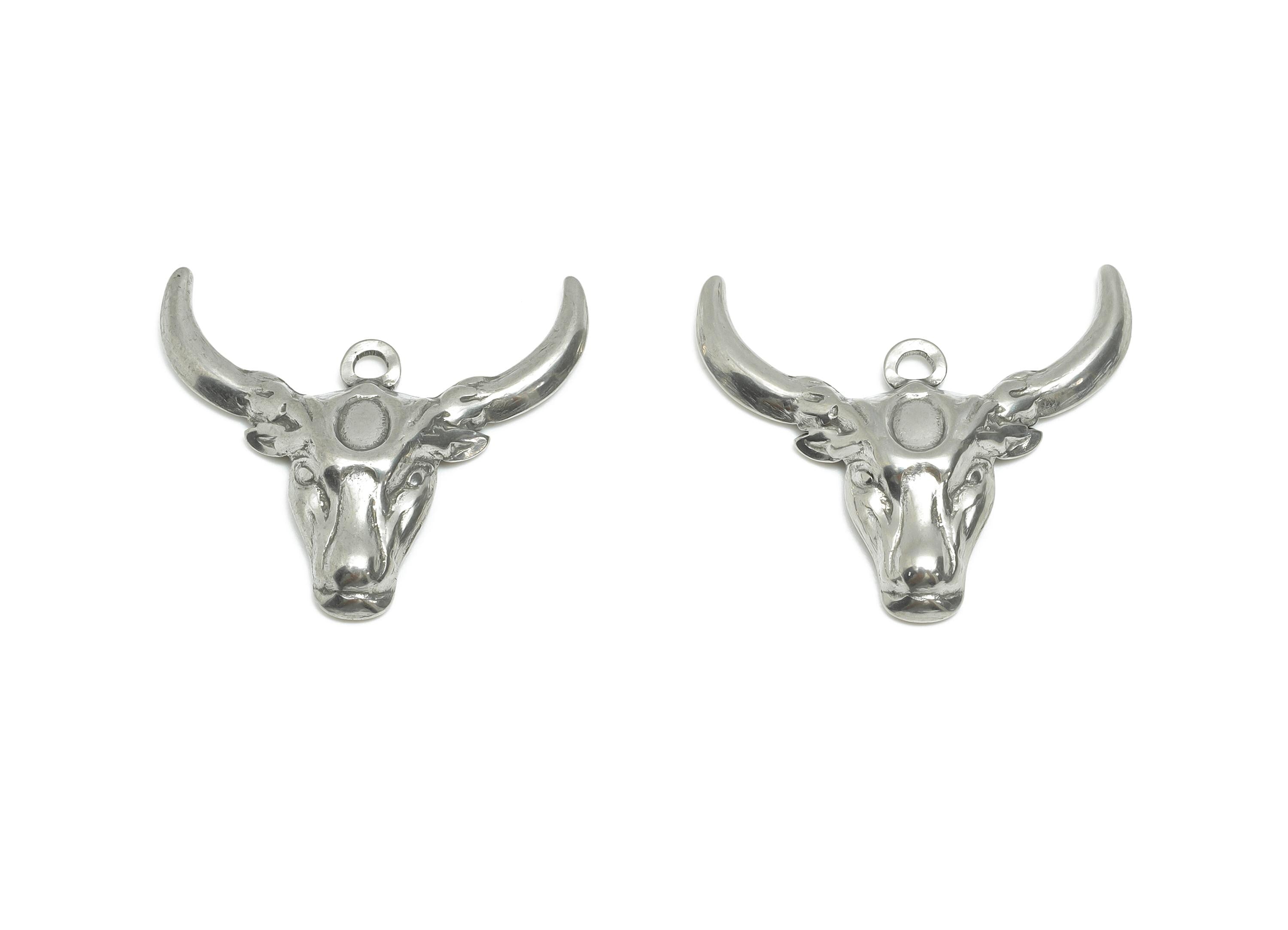 Stainless Steel Cow Head Pendant - Steel Animal Pendant for Necklace - Textured Silver Charm - Steel Jewelry Making - 22.64x25x3mm - SS1937 - DOMEDBAZAAR