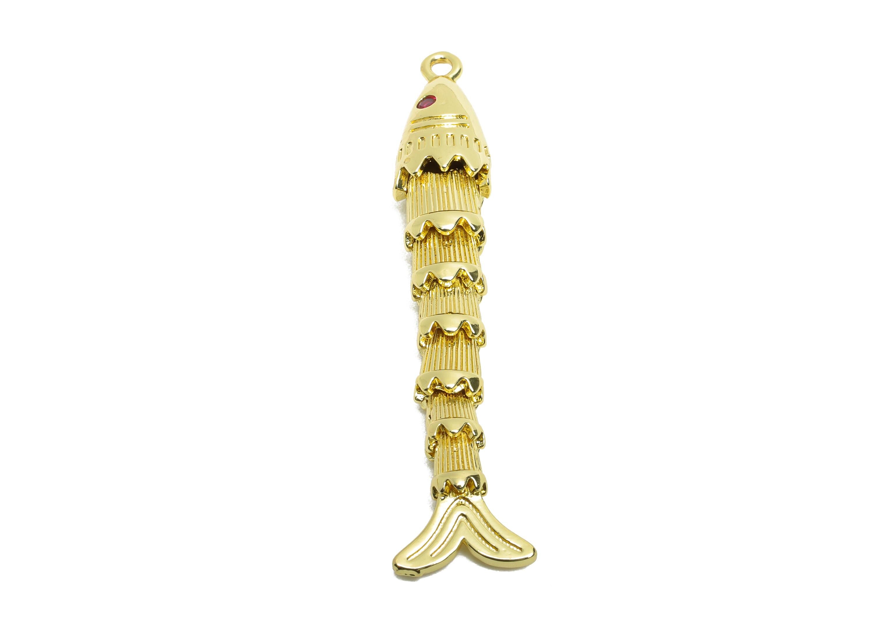 Movable 3D Articulated Fish Charm - Brass CZ Articulated Fish Flexible Pendant - Marine Pendant - 18K Real Gold Plated - 48x8x6mm - RGP10745 - DOMEDBAZAAR