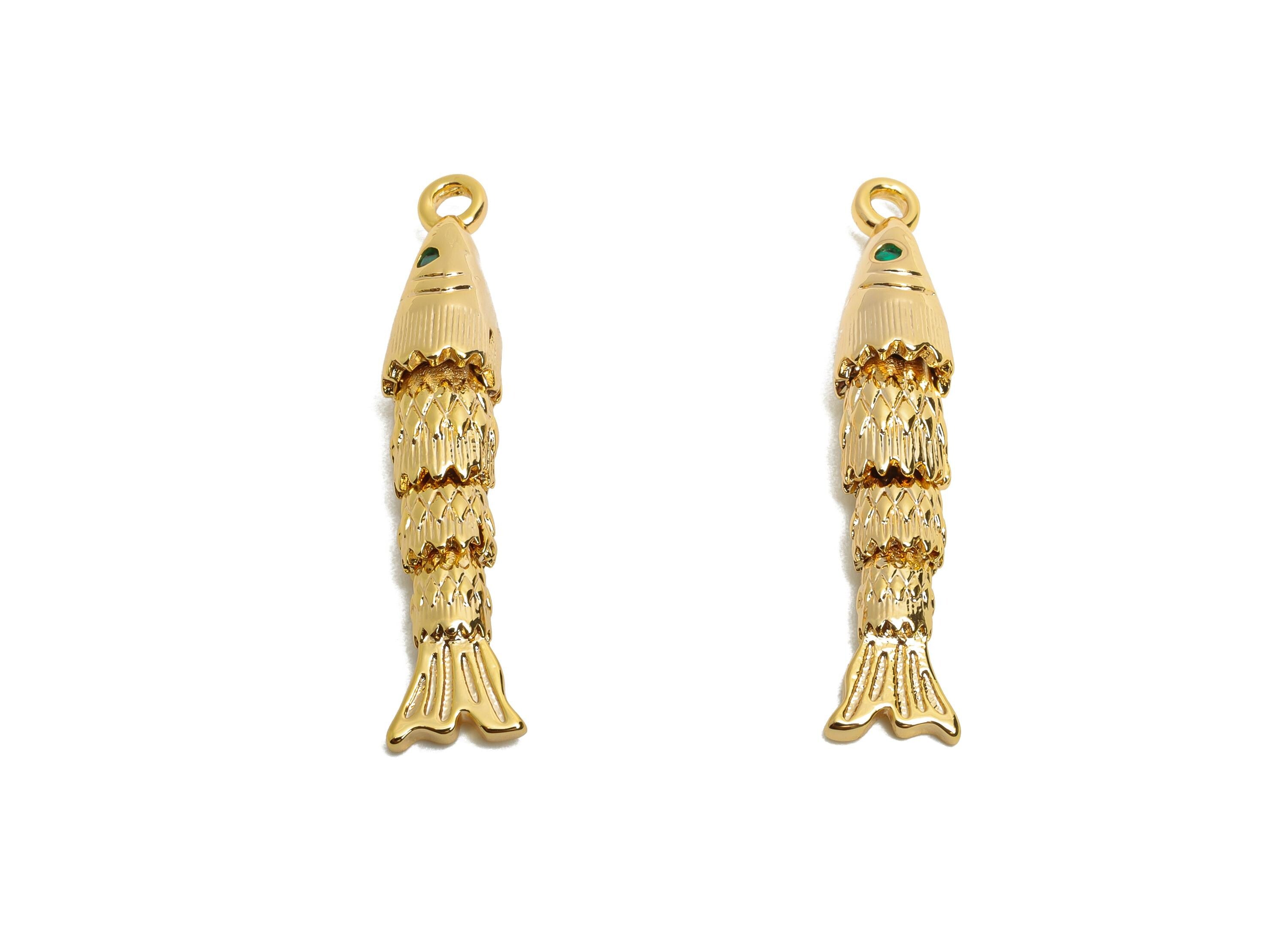 Brass Cloisonne Fish Charm - Unique Gold Movable Fish Pendant - CZ Handmade Articulated Fish - 18K Real Gold Plated - 30x5.6x5.8mm -RGP10526 - DOMEDBAZAAR