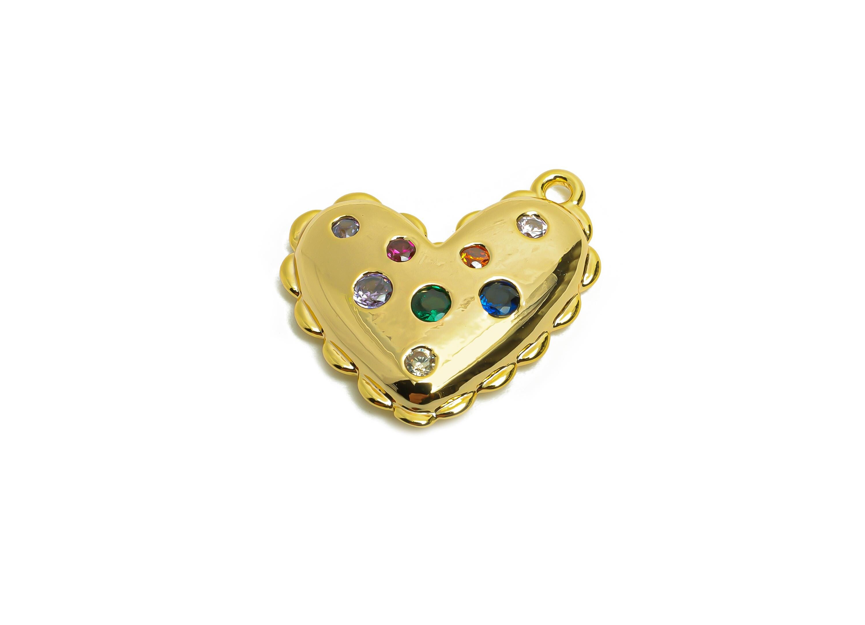Sparkling Gold Heart Charm - Brass Colorful Zircon Heart Pendant - Dainty Jewelry Supplies - 18K Real Gold Plated - 16.8x15x3.6mm - RGP10500 - DOMEDBAZAAR