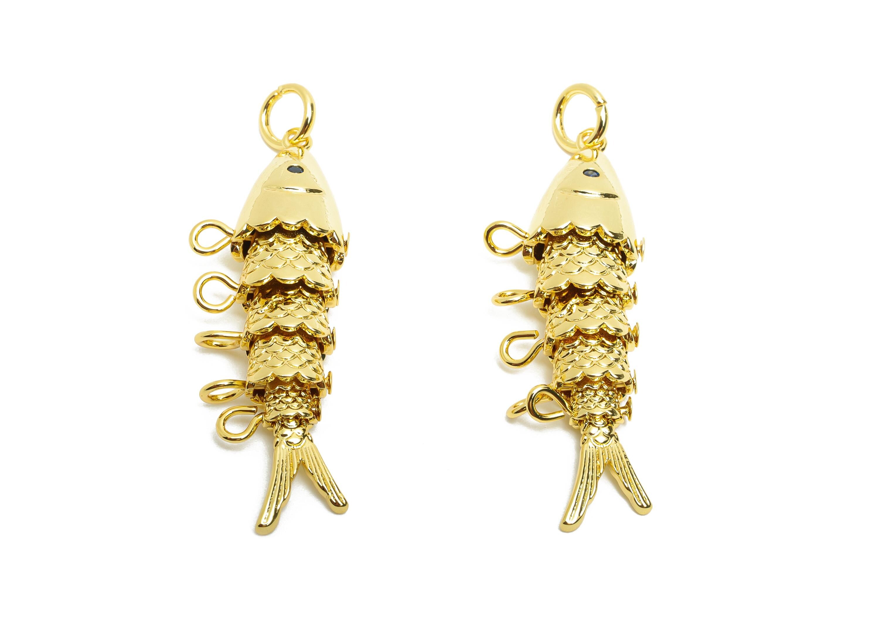 Movable 3D Articulated Fish Charm - Brass Flexible Marine Pendant - Textured Fish With Loop - 18K Real Gold Plated - 43x13x7mm - RGP10741 - DOMEDBAZAAR