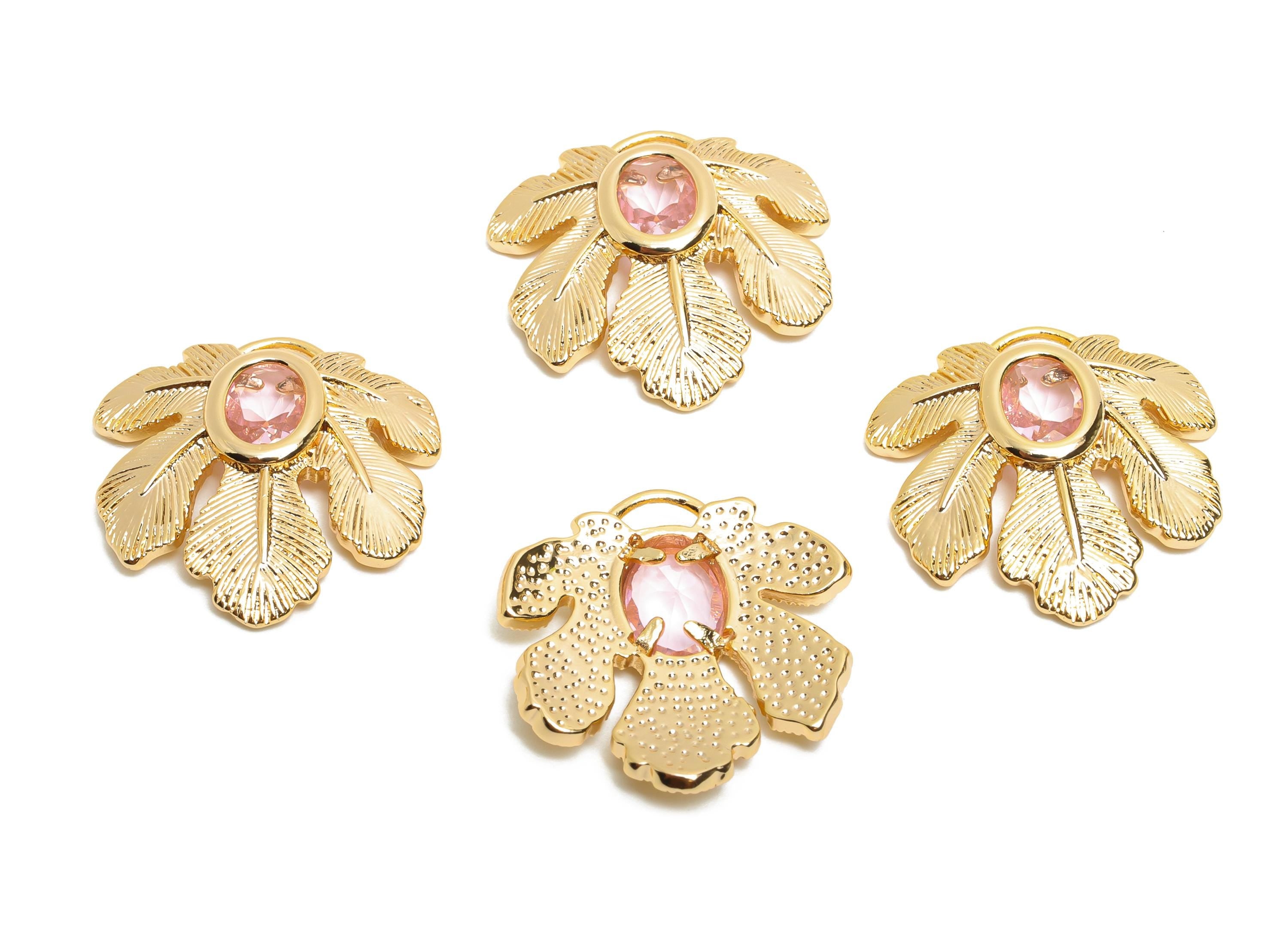 Brass Leaf Charms - Gold Crystal Tropical Leaf Charm - Elegant Pink Crystal Botanical Pendant - 18K Real Gold Plated - 22x22x4mm - RGP10496 - DOMEDBAZAAR