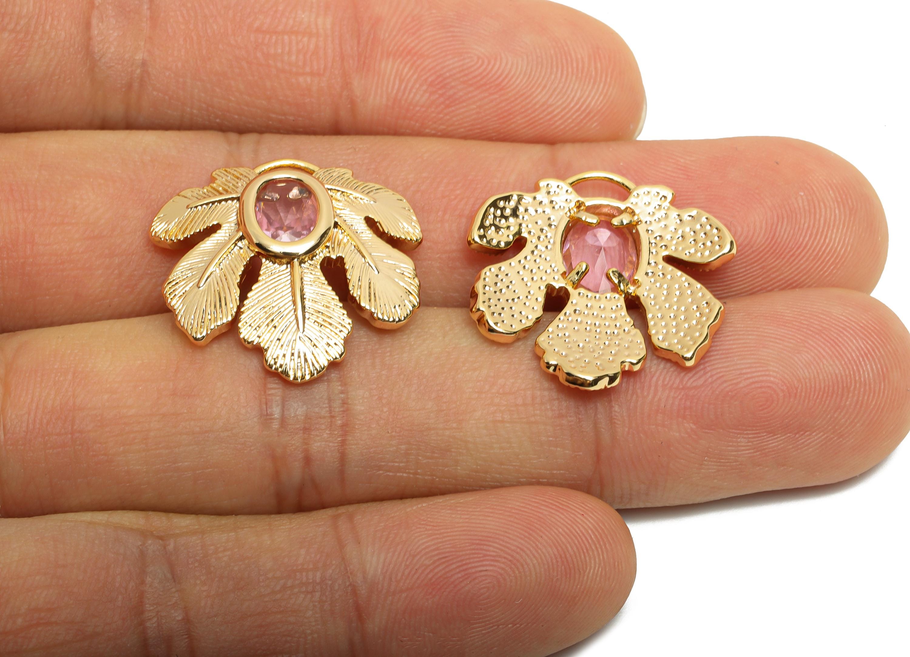 Brass Leaf Charms - Gold Crystal Tropical Leaf Charm - Elegant Pink Crystal Botanical Pendant - 18K Real Gold Plated - 22x22x4mm - RGP10496 - DOMEDBAZAAR