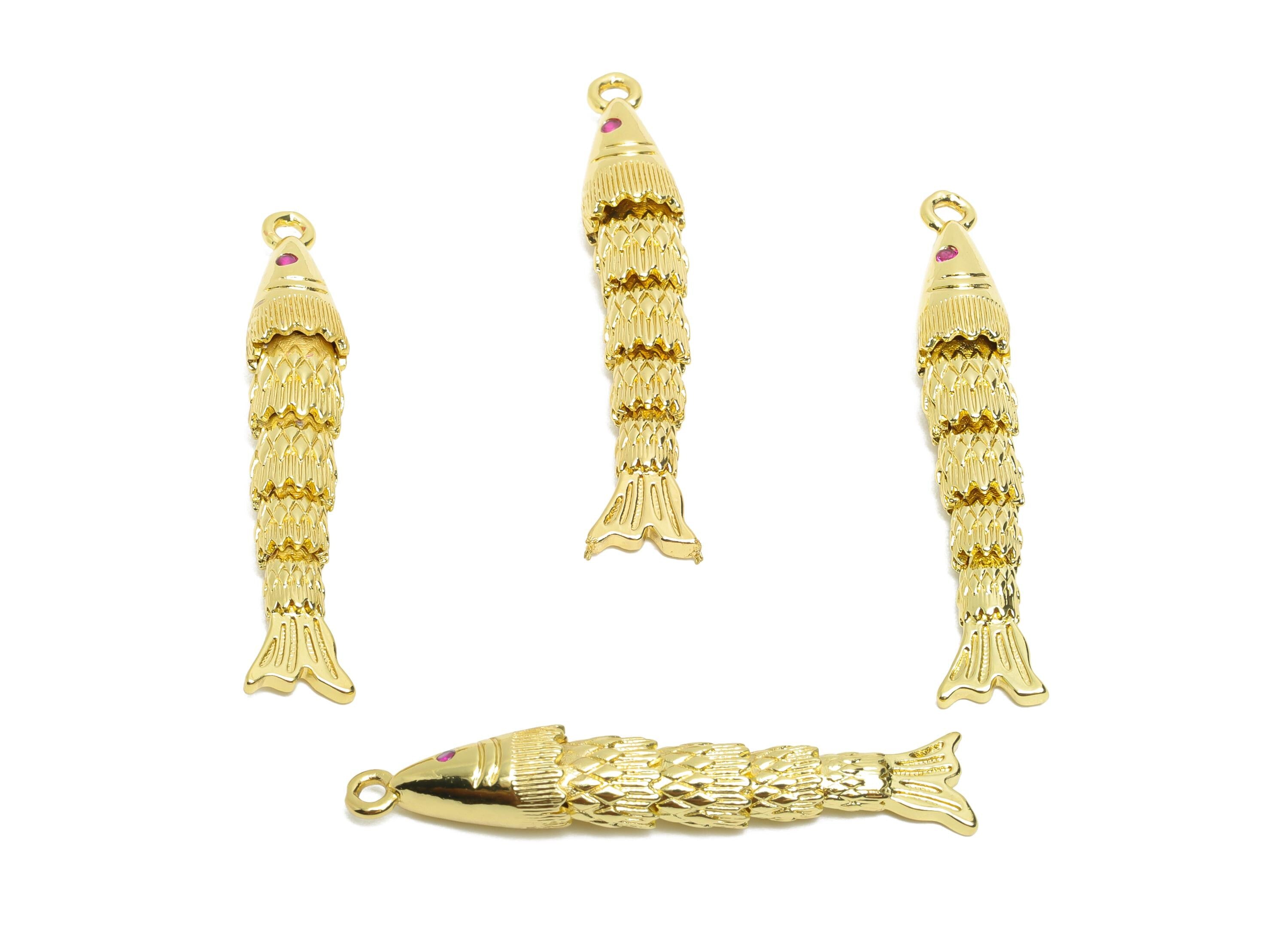 Brass Cloisonne Fish Charm - Unique Gold Movable Fish Pendant - CZ Realistic 3D Fish Pendant - 18K Real Gold Plated - 35x6x5mm -RGP10753 - DOMEDBAZAAR