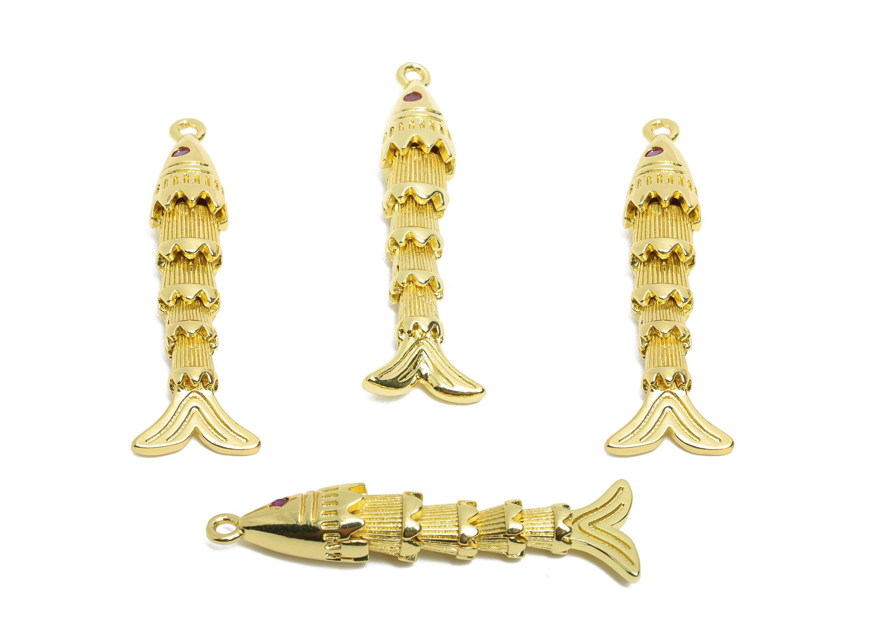 Brass Cloisonne Fish Charm - Unique Textured Movable Fish Pendant - 3D Marine Movable Charm - 18K Real Gold Plated - 36x6x6mm -RGP10743 - DOMEDBAZAAR