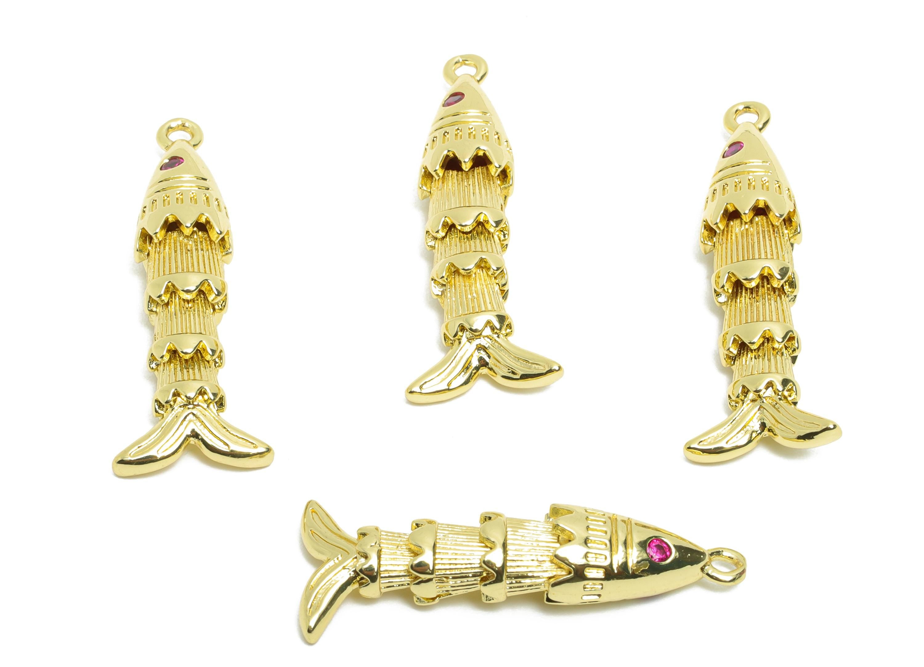 Brass Cloisonne Fish Charm - Unique Textured Movable Fish Pendant - 3D Marine Movable Charm - 18K Real Gold Plated - 30x7x6.41mm - RGP10744 - DOMEDBAZAAR