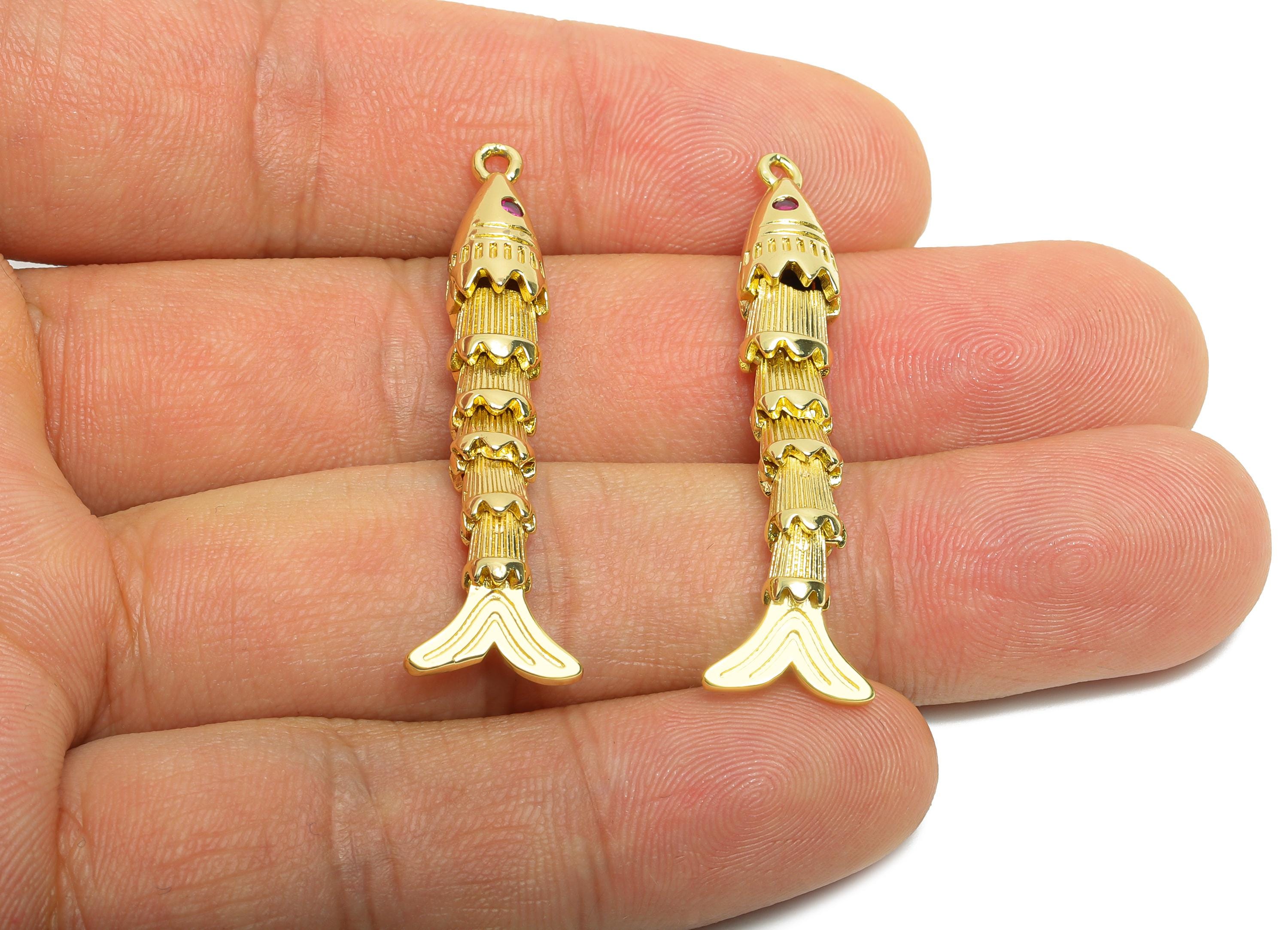 Movable 3D Articulated Fish Charm - Brass Textured CZ Articulated Flexible Marine Pendant - 18K Real Gold Plated - 41x6x6.59mm - RGP10742 - DOMEDBAZAAR